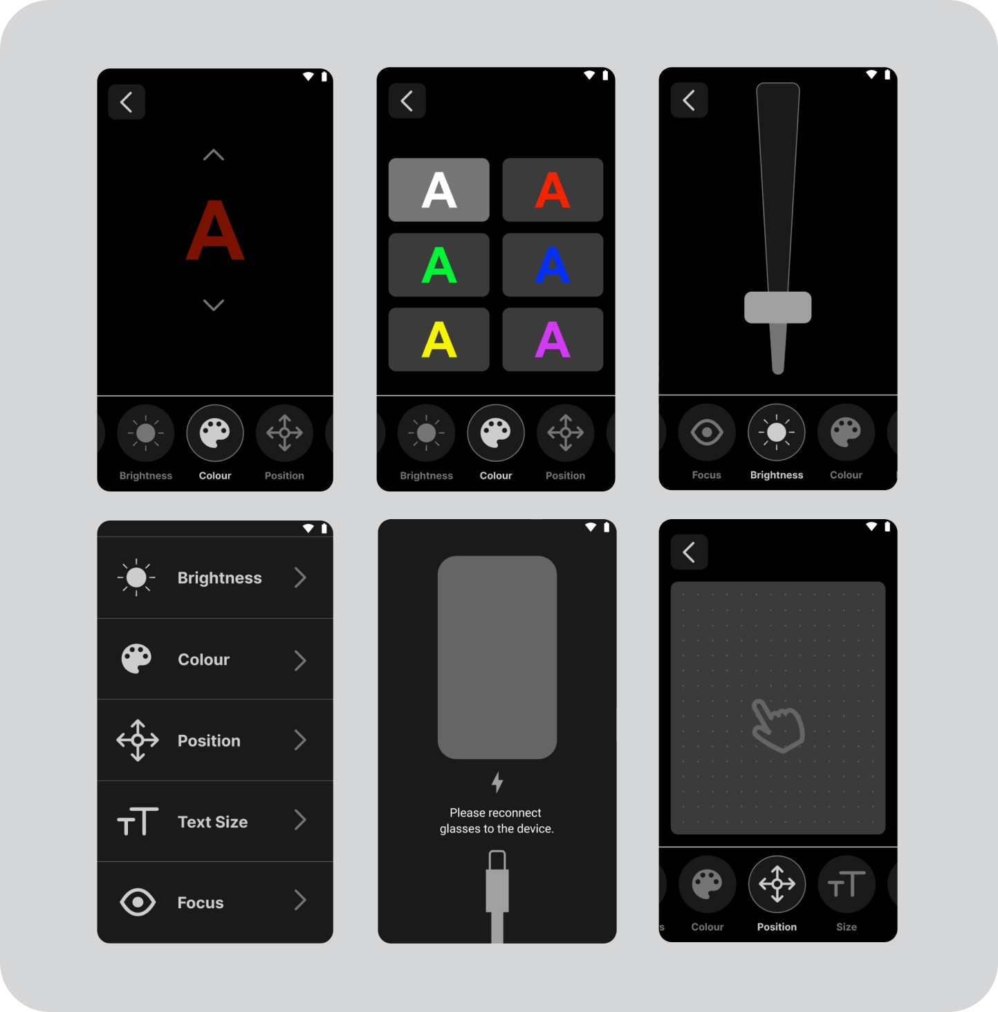Six smartphone screens show an app interface for adjusting display settings, such as brightness, color, text size, and position. One screen prompts to reconnect glasses; touch controls and icons are visible throughout.