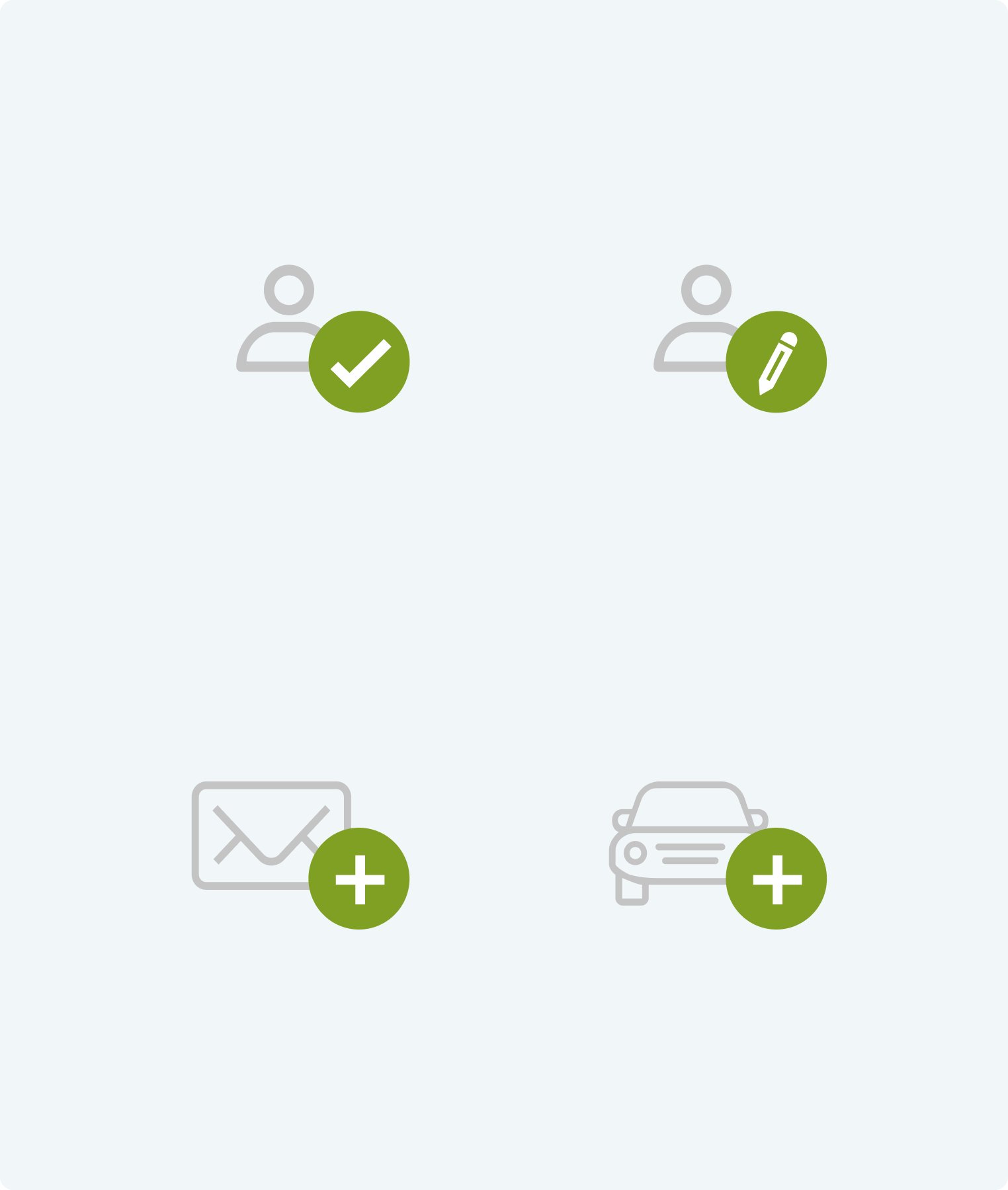 Four icons: a person with a green check, a person with a green pencil, an envelope with a green plus, and a car with a green plus, all on a light gray background.