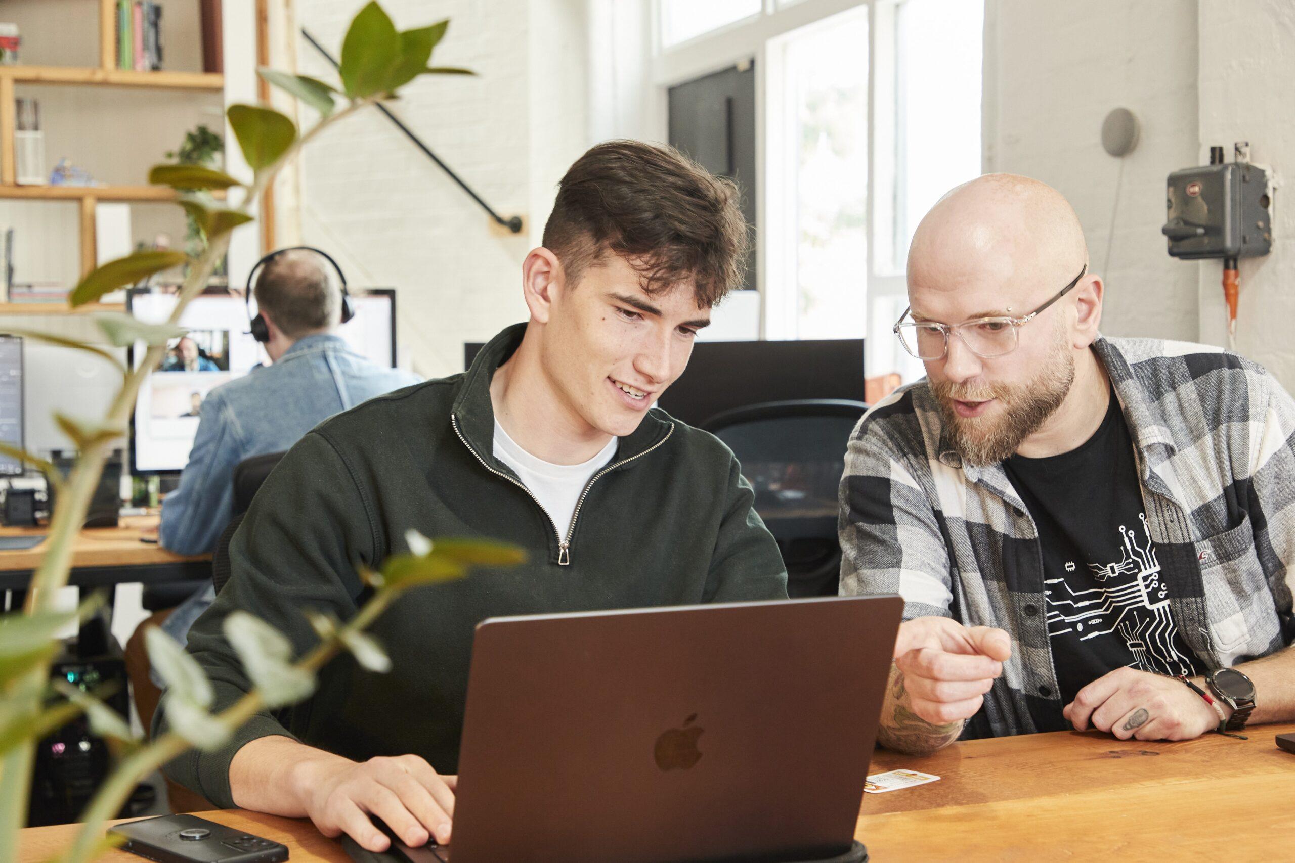 Two men sit at a desk, looking at a laptop screen and discussing something. One man is pointing at the screen. Office setting with others working in the background; a plant is in the foreground.