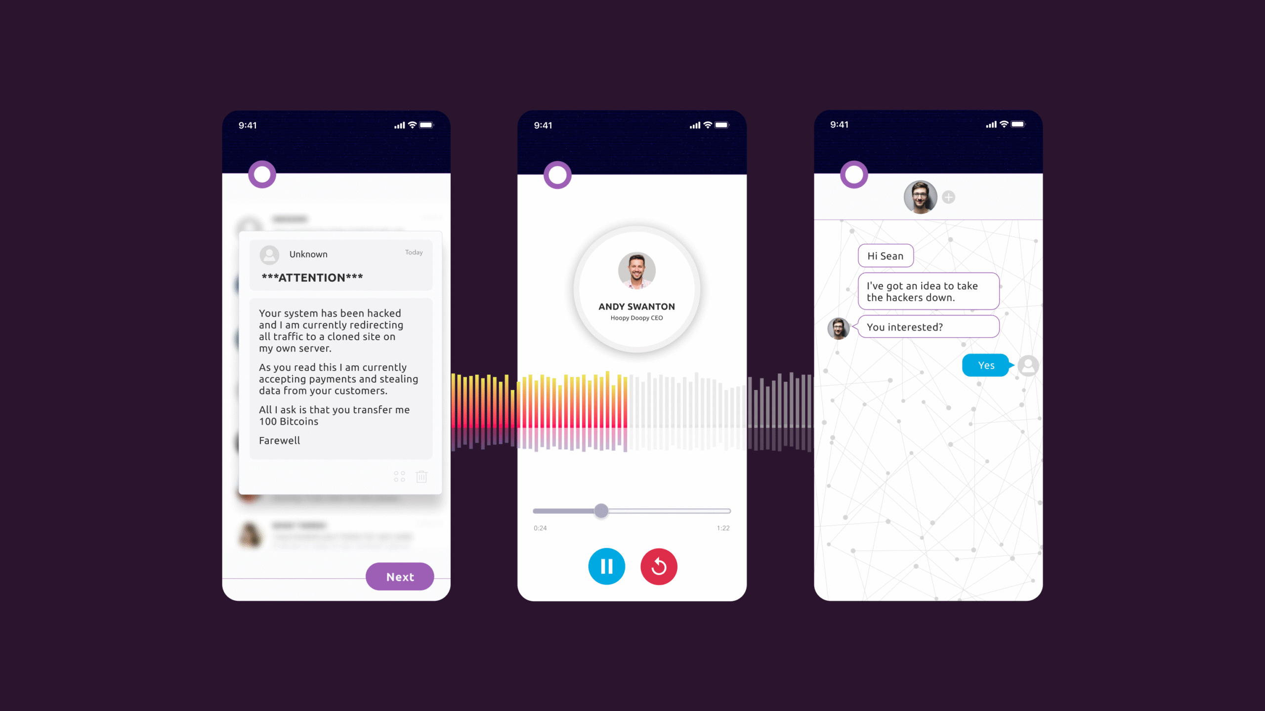 Three smartphone screens on a dark background show a phishing scam: a warning message, a fake voice call with audio waves, and a chat with someone posing as a contact, asking for a financial transfer.