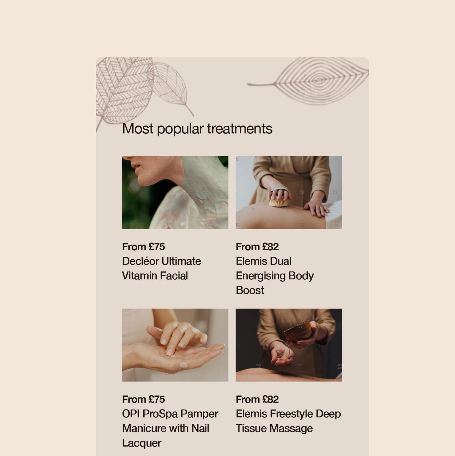 A beauty treatment menu lists four services with images: a facial, a back massage, a manicure, and a deep tissue massage. Each treatment displays starting prices from £75 or £82 and features soothing, spa-like imagery.