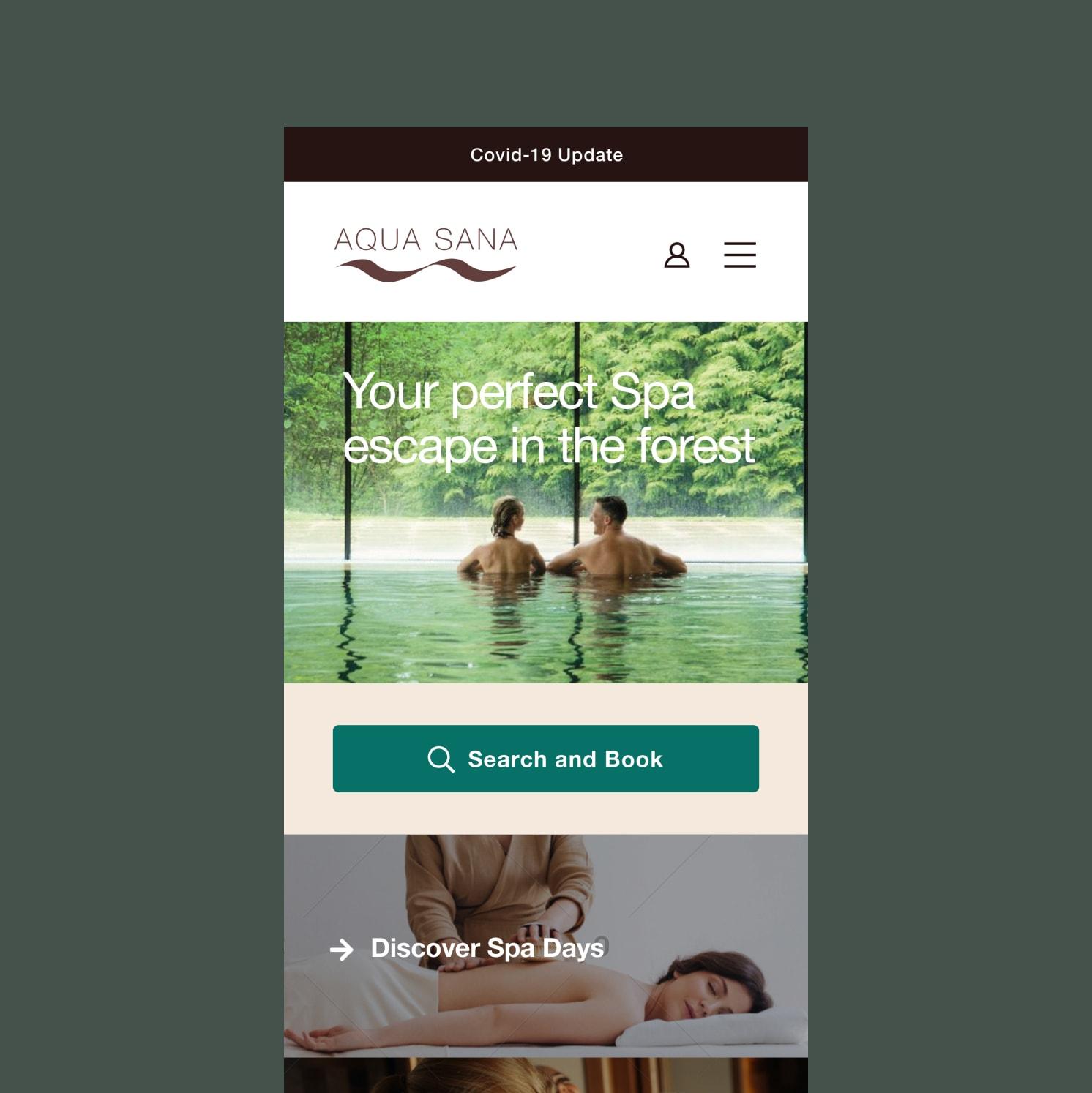Mobile website for Aqua Sana spa. Two people sit in an indoor pool facing large windows with a view of lush green forest. Text reads, Your perfect Spa escape in the forest. Menu and booking button visible.