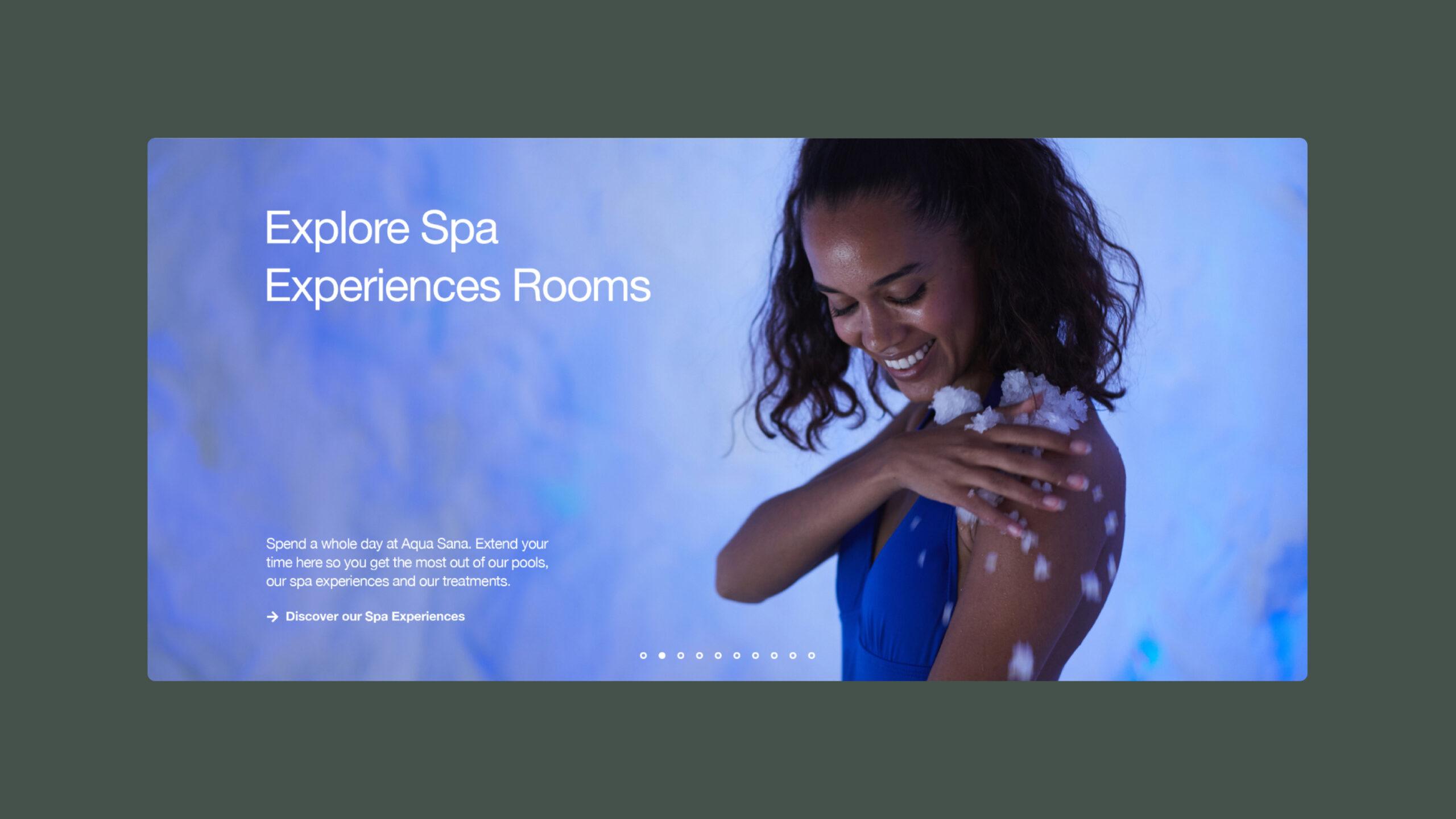 A woman in a blue swimsuit smiles while applying body scrub to her shoulder. Text on the image reads, Explore Spa Experiences Rooms. The background is softly lit in shades of blue.