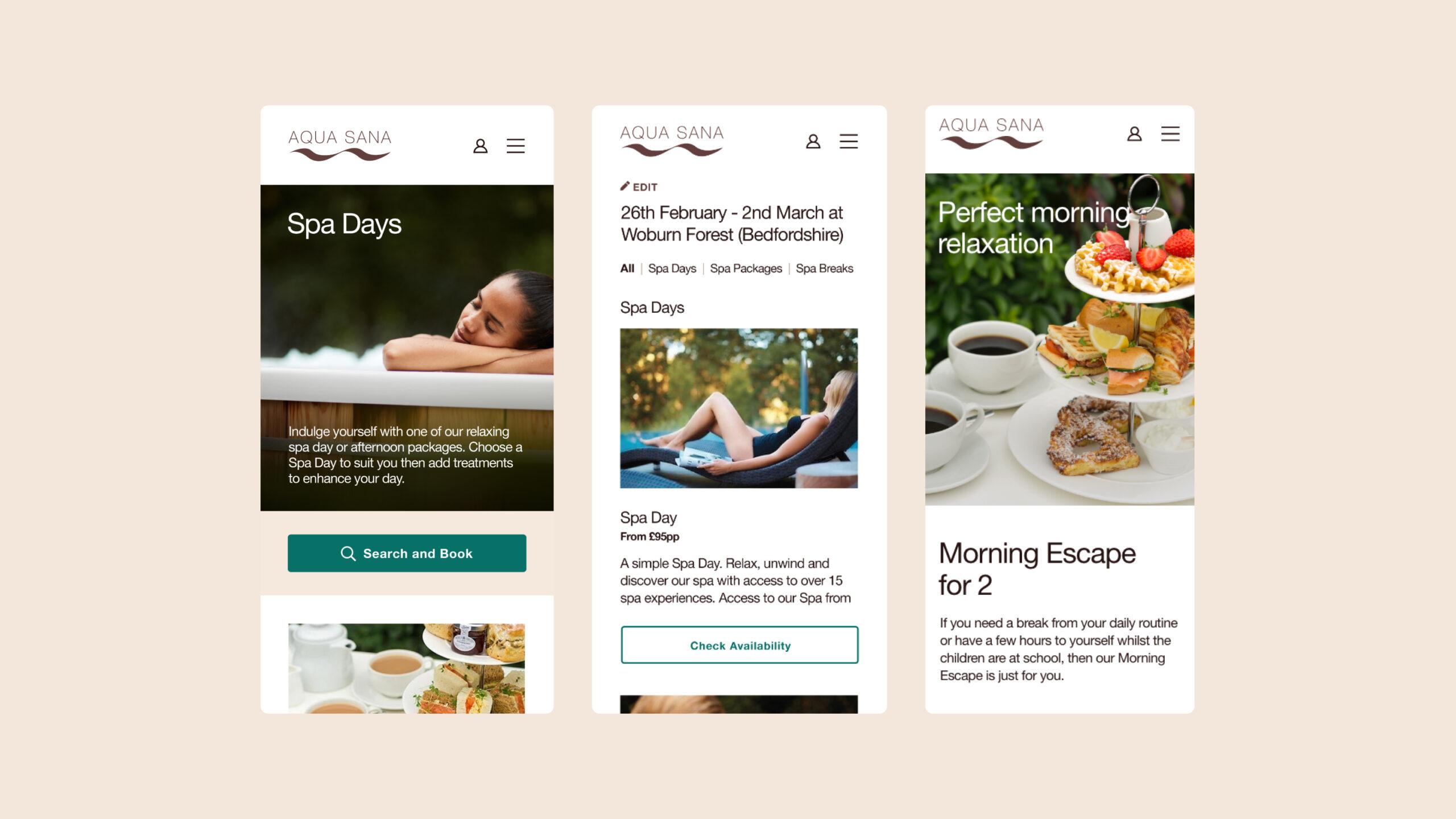 Three mobile screens show a spas website. The screens display images of a woman relaxing, spa day details, poolside relaxation, and a breakfast spread with tea. Buttons offer options to book or check availability.