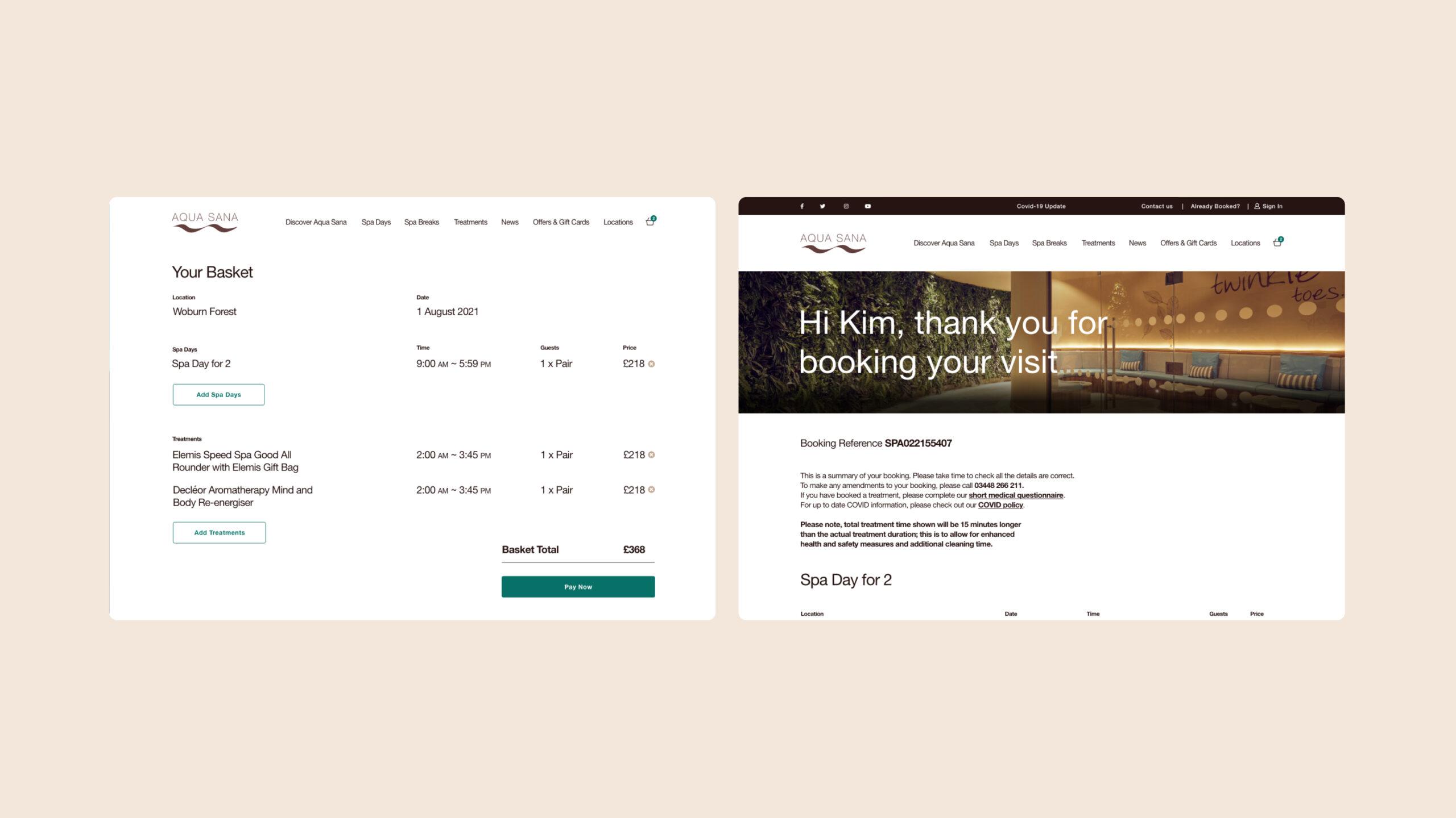 Two screenshots of a spa booking website: the left shows a basket summary with spa day details and prices; the right displays a booking confirmation thanking Kim for booking a spa visit.