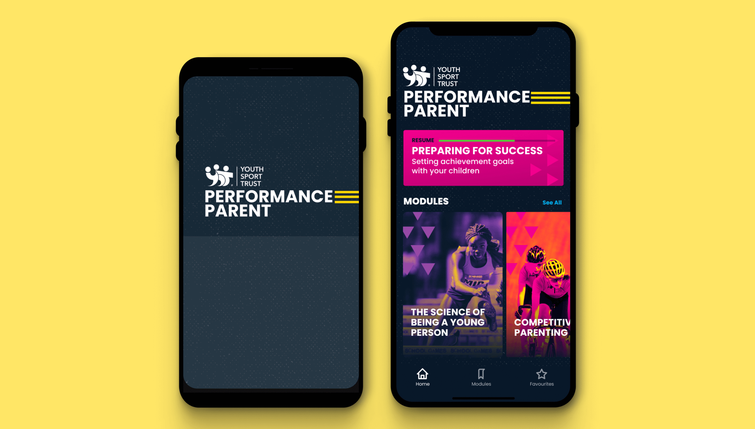 Two smartphones display the Youth Sport Trust Performance Parent app, with the logo and module options like Preparing for Success, The Science of Being a Young Person, and Competitive Parenting on a yellow background.