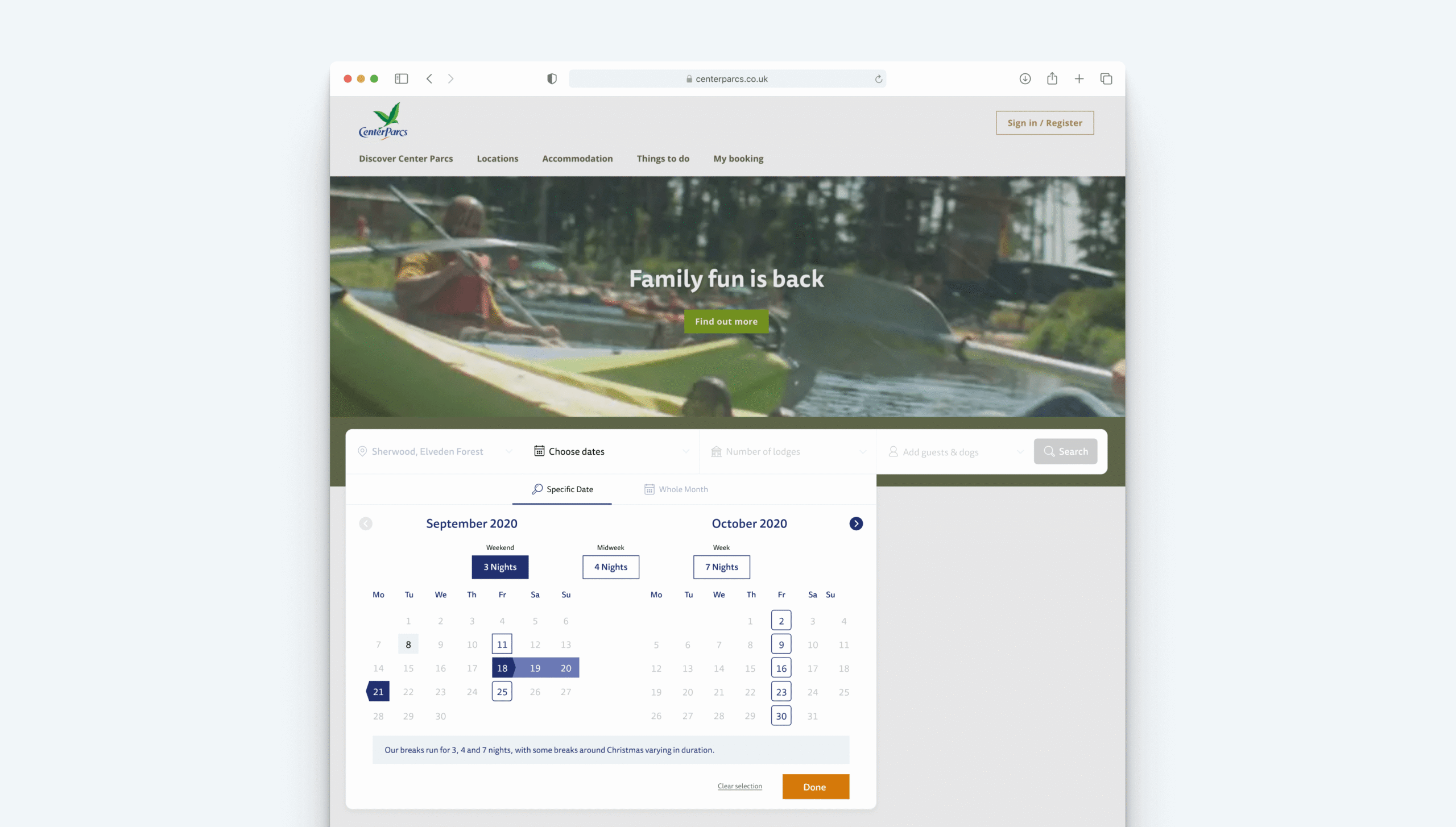 A website for Center Parcs shows people kayaking on a lake with the text Family fun is back. Below is a booking form to select dates and locations for a holiday stay, with a calendar for September and October 2020.