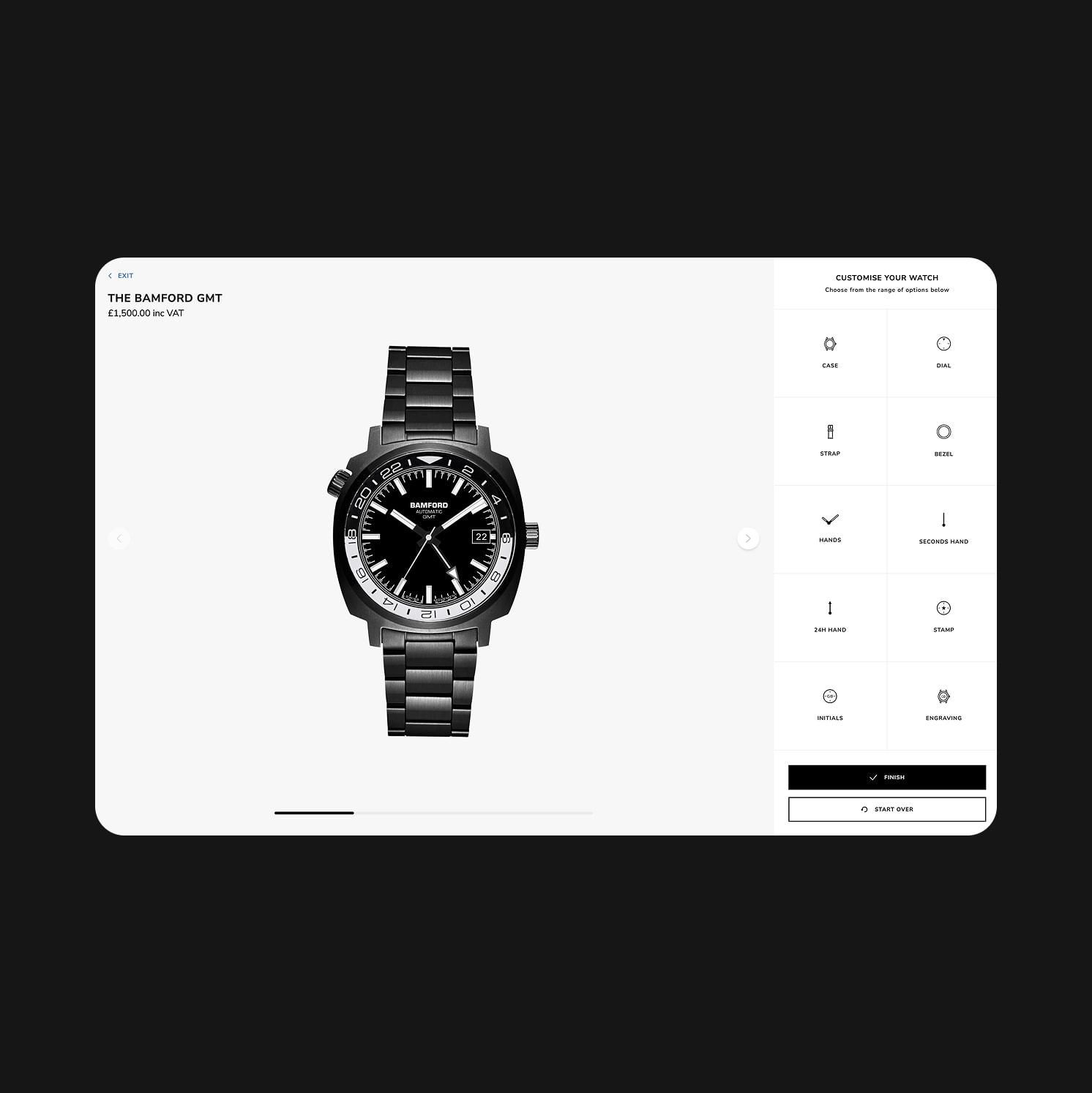 A digital watch customization interface displaying a silver metal wristwatch in the center, with options for case, bezel, dial, hands, strap, and engraving on the right side, all set against a white background.
