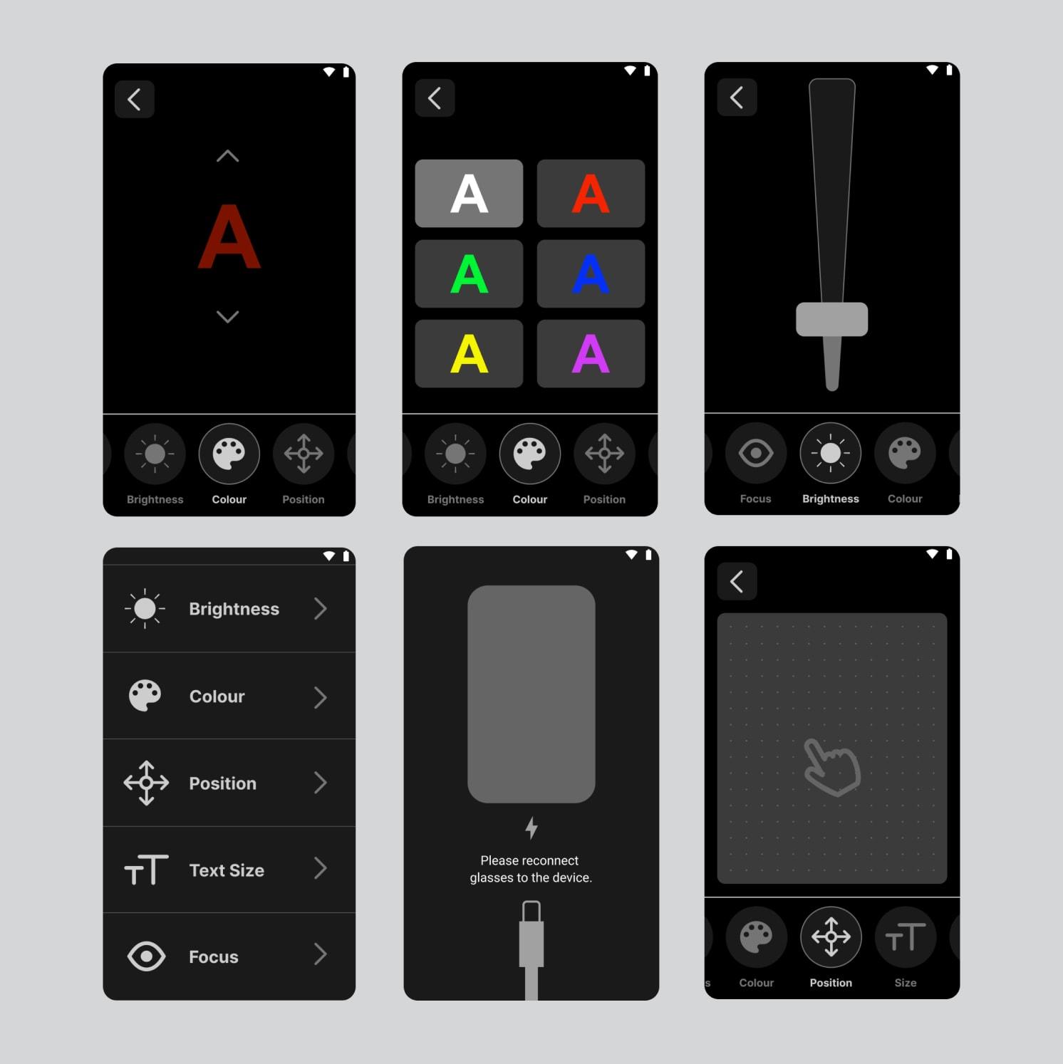 Six smartphone screens display a user interface for adjusting settings such as brightness, color, text size, and position, featuring icons, color selection, sliders, and a prompt to reconnect glasses.