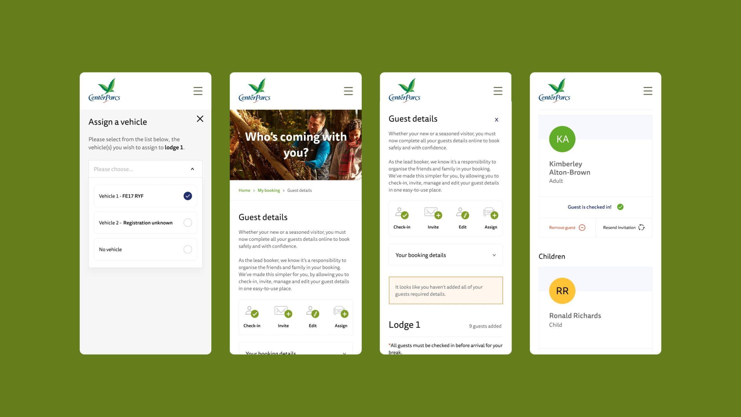 Four mobile app screens with a green background display forms and details for assigning a vehicle, entering guest information, and confirming guest details for a lodge booking. Icons and text fields are visible throughout.
