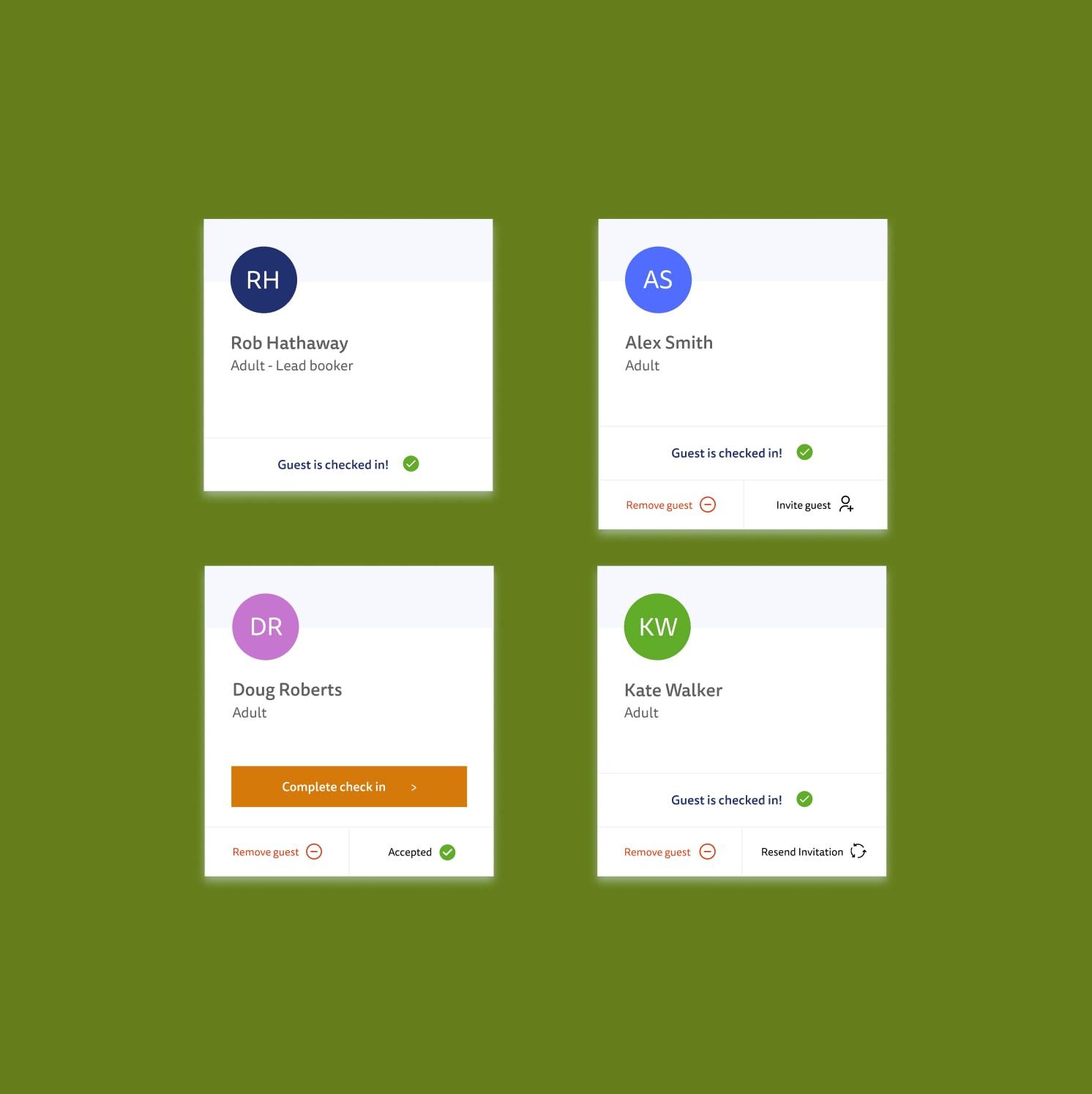 A green background displays four user profile cards with names, initials, and guest status indicators, including “Guest is checked in!” and “Complete check in” buttons, and status icons.