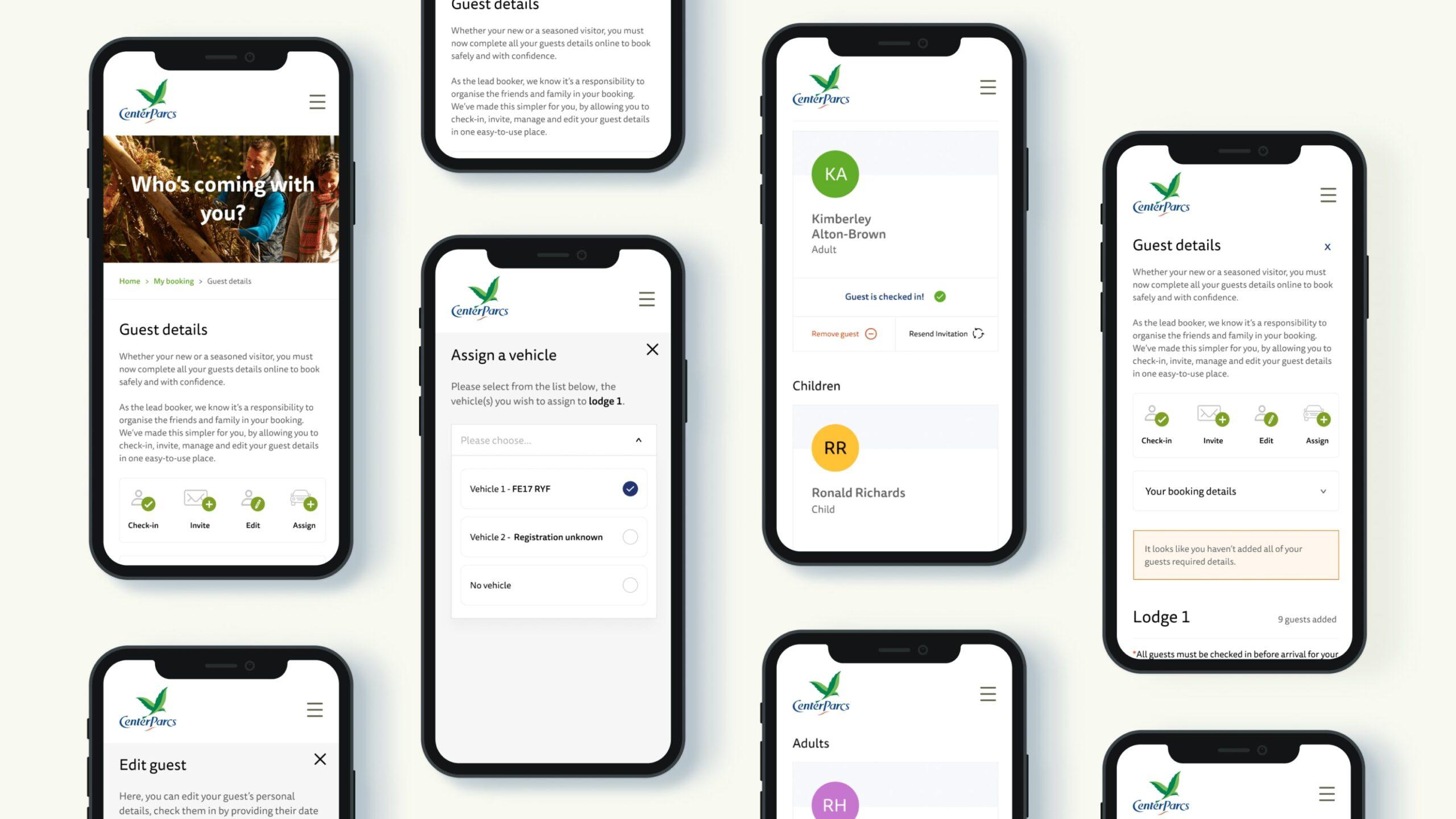 Eight smartphones display various screens of a guest management app, showing guest details, vehicle assignment, guest lists, adults and children, and an edit guest form, all with a clean, modern interface on a light background.