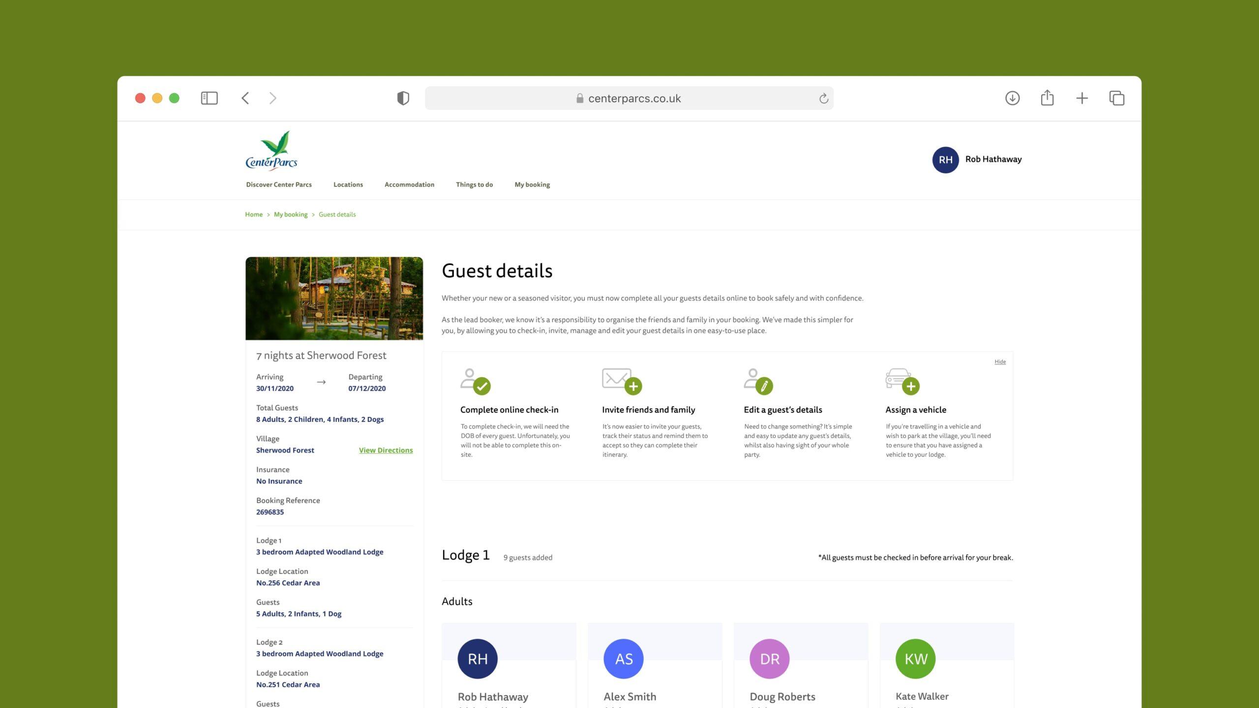 A screenshot of a Center Parcs booking webpage displays guest details for a lodge, including icons and instructions, guest names, and profile circles, with a green browser header at the top.