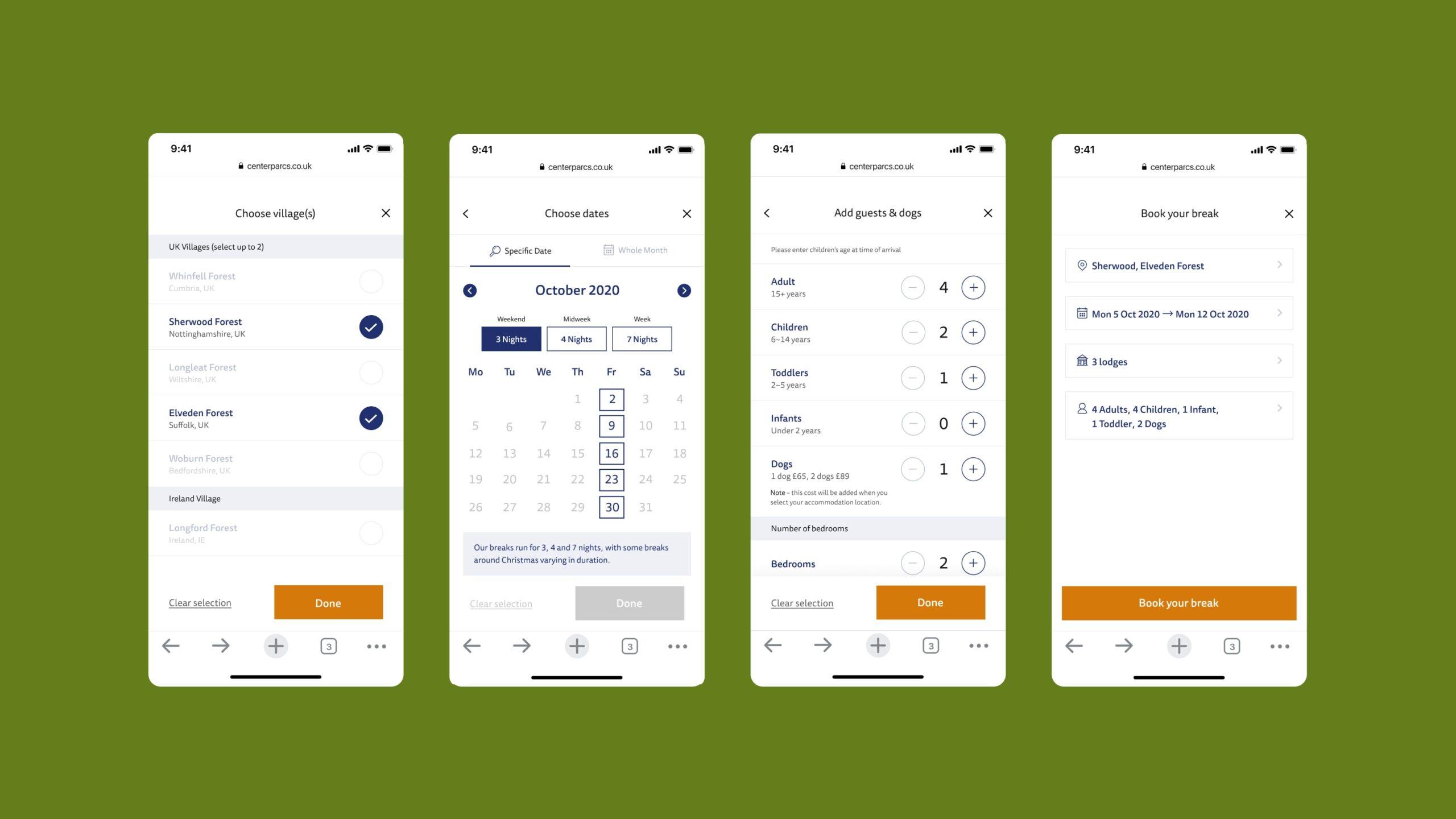 Five mobile screens show a booking process: selecting a location, choosing dates on a calendar, adding guests and pets, setting preferences, and reviewing booking details. The background is olive green.