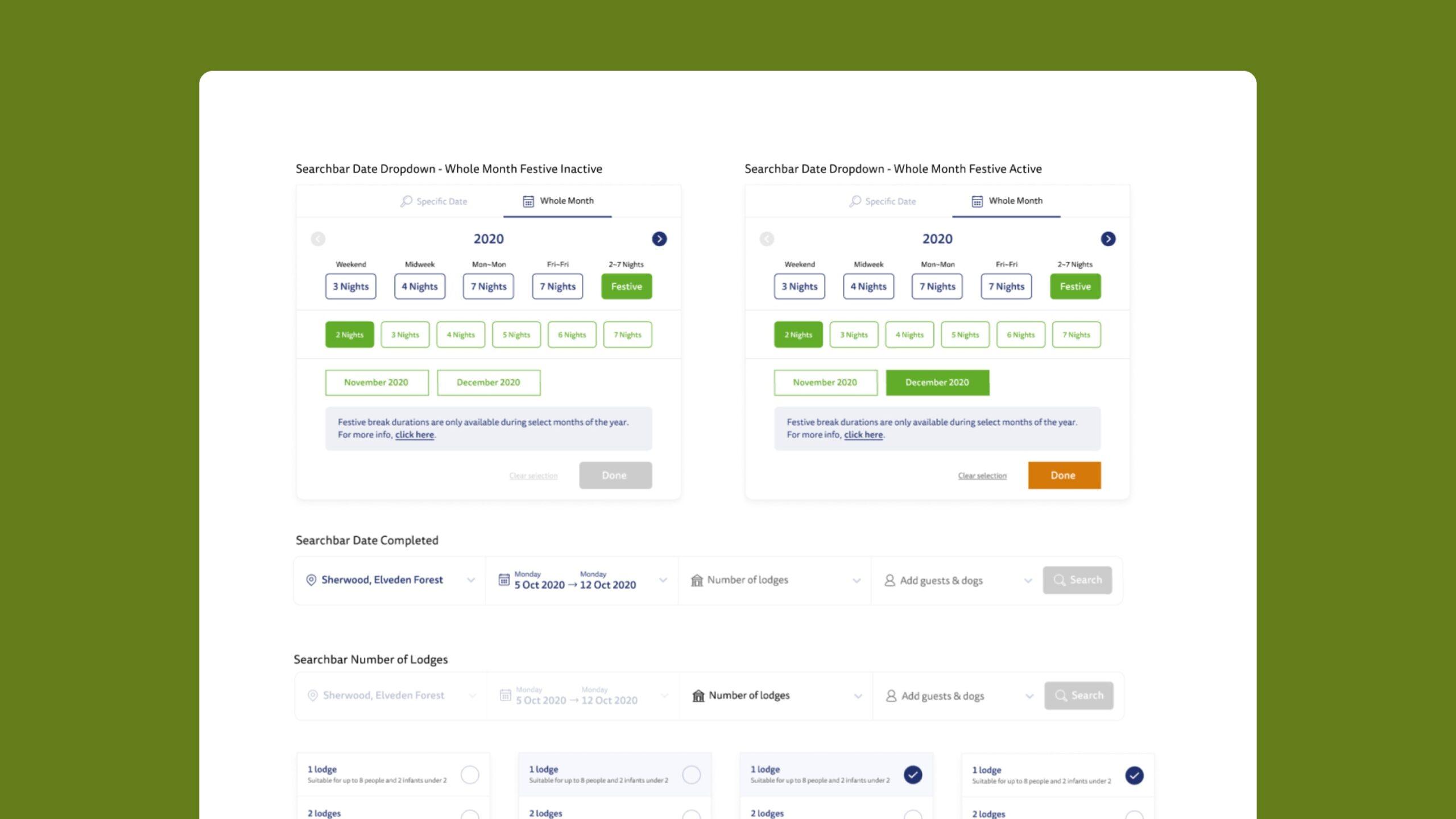Screenshot of a data dashboard with two date dropdown sections displaying months from January to December 2023, and several search filters below for number of lodges, search results, and completion status. The background is green.