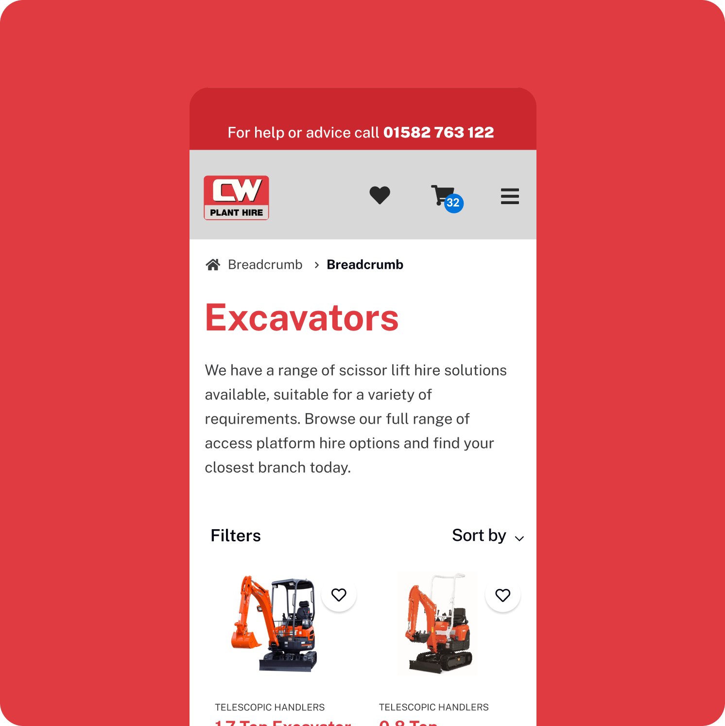 Mobile website page for CW Plant Hire showing a header with contact info, logo, cart icon, and a section for Excavators. Two orange excavator images are displayed as product options with filter and sort features.