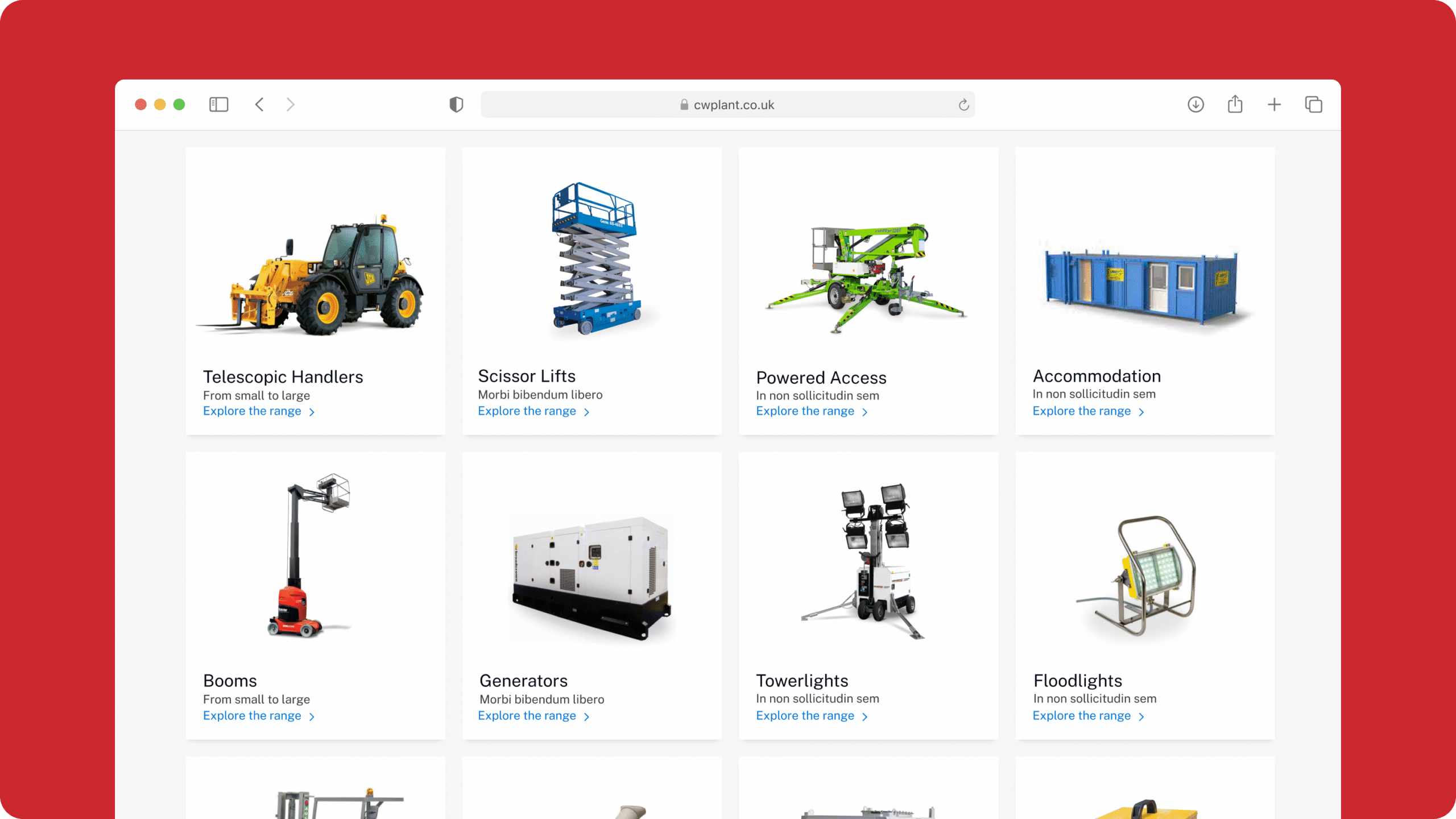 A website page displays a grid of equipment categories, including telescopic handlers, scissor lifts, powered access, accommodation, booms, generators, towerlights, and floodlights, each with images and links.