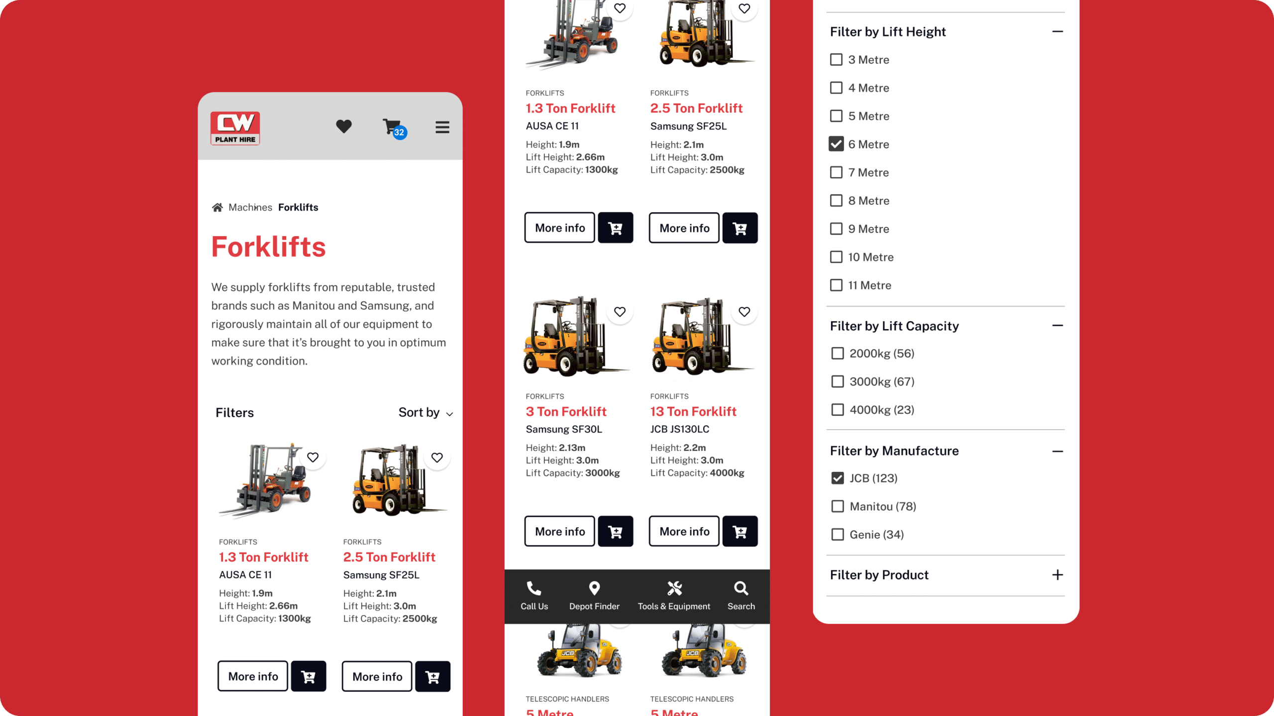 A mobile website interface displays a forklift catalog with product images, prices, specs, and filter options for lift height, capacity, manufacturer, and product type on a red background.
