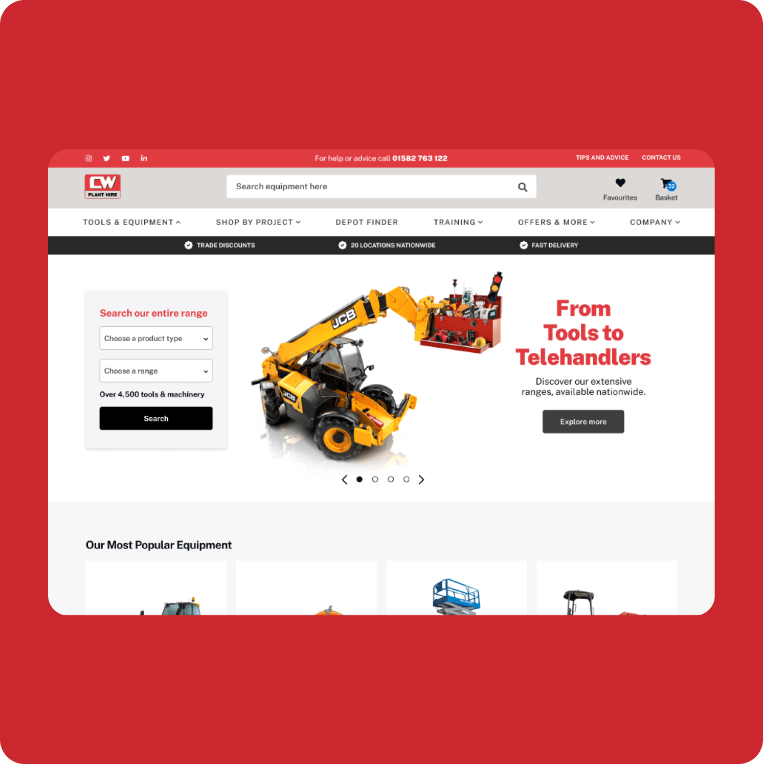 A website homepage displays construction equipment for sale or hire, featuring a yellow JCB telehandler lifting a pallet. The search bar, navigation menu, and highlighted text, “From Tools to Telehandlers,” are prominent.