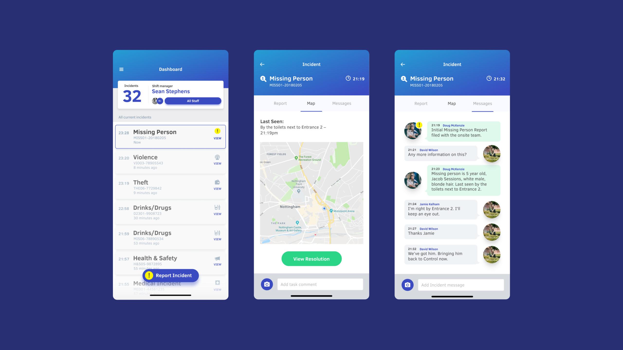 Four mobile app screens show a user dashboard, incident list, a map with missing person details, and a chat conversation about the incident. The interface uses blue and white colors with clear icons and text.