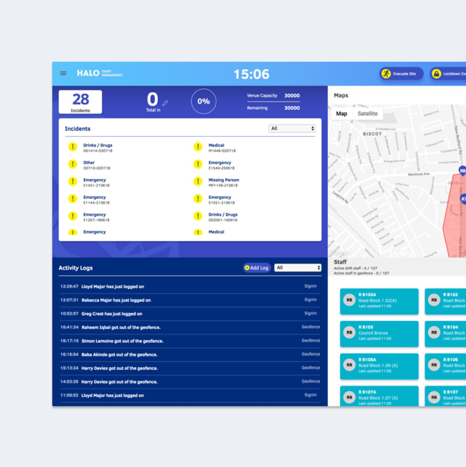 Dashboard interface displaying incident reports, activity logs, venue capacity, and a map. Incident types include medical emergencies and drink/drug cases. The map on the right shows a highlighted area with staff locations.