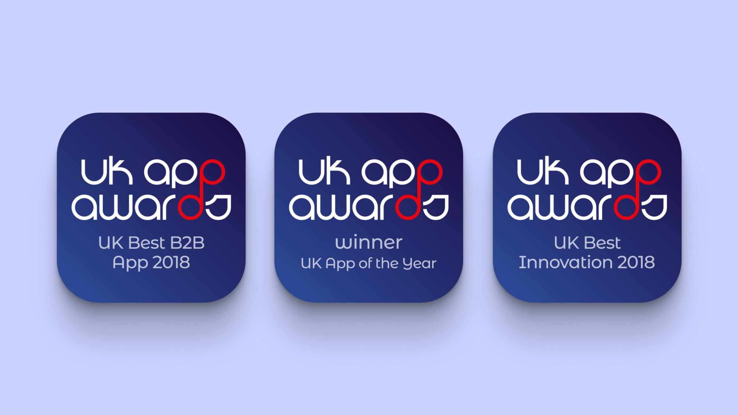 Three blue square badges displaying UK App Awards achievements: UK Best B2B App 2018, winner UK App of the Year, and UK Best Innovation 2018, each with the UK App Awards logo and white text.