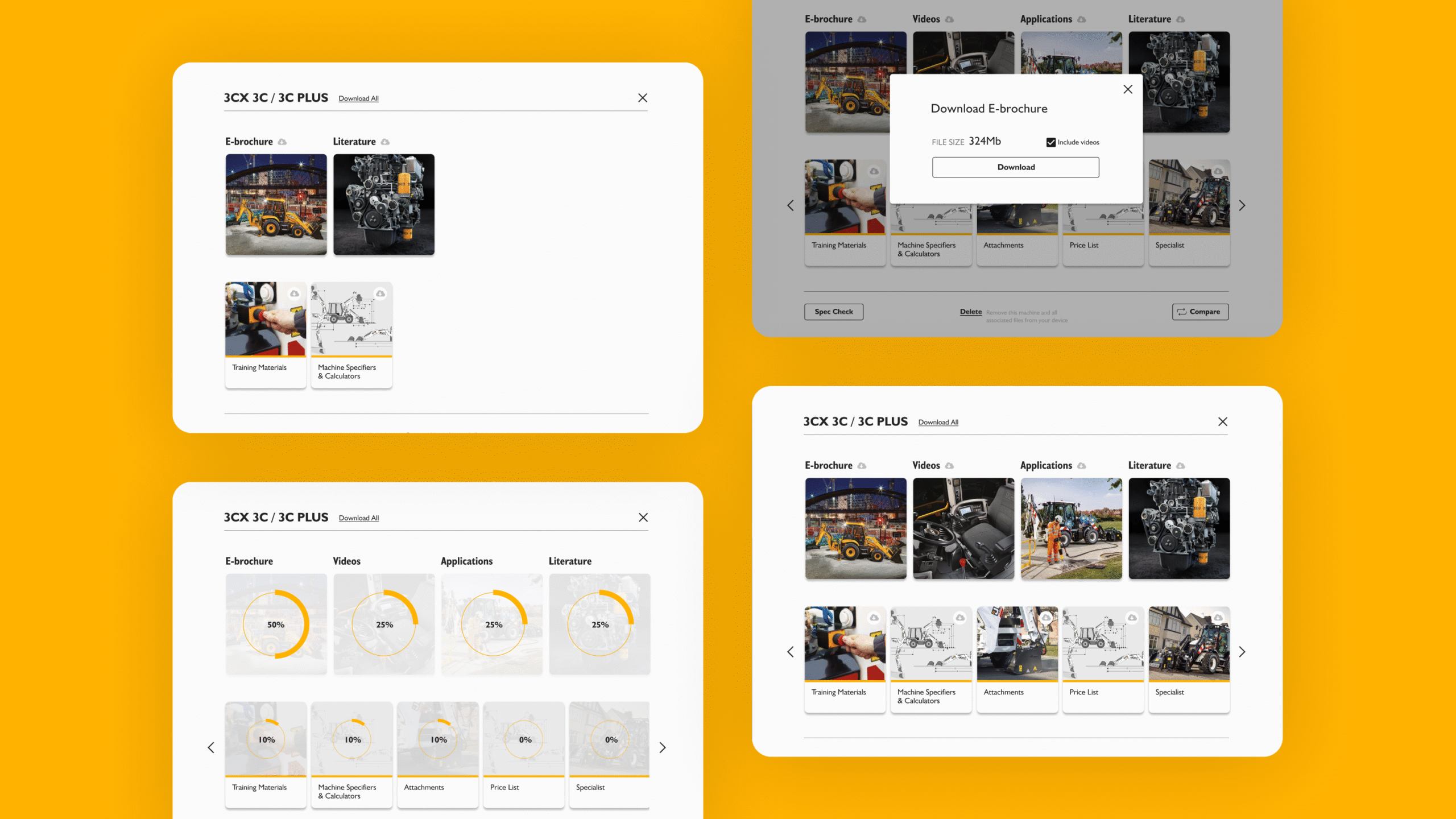 A collage of four computer screens displays a user interface for managing media files. The screens show image thumbnails, download options, and circular progress charts on a white background with an orange border.