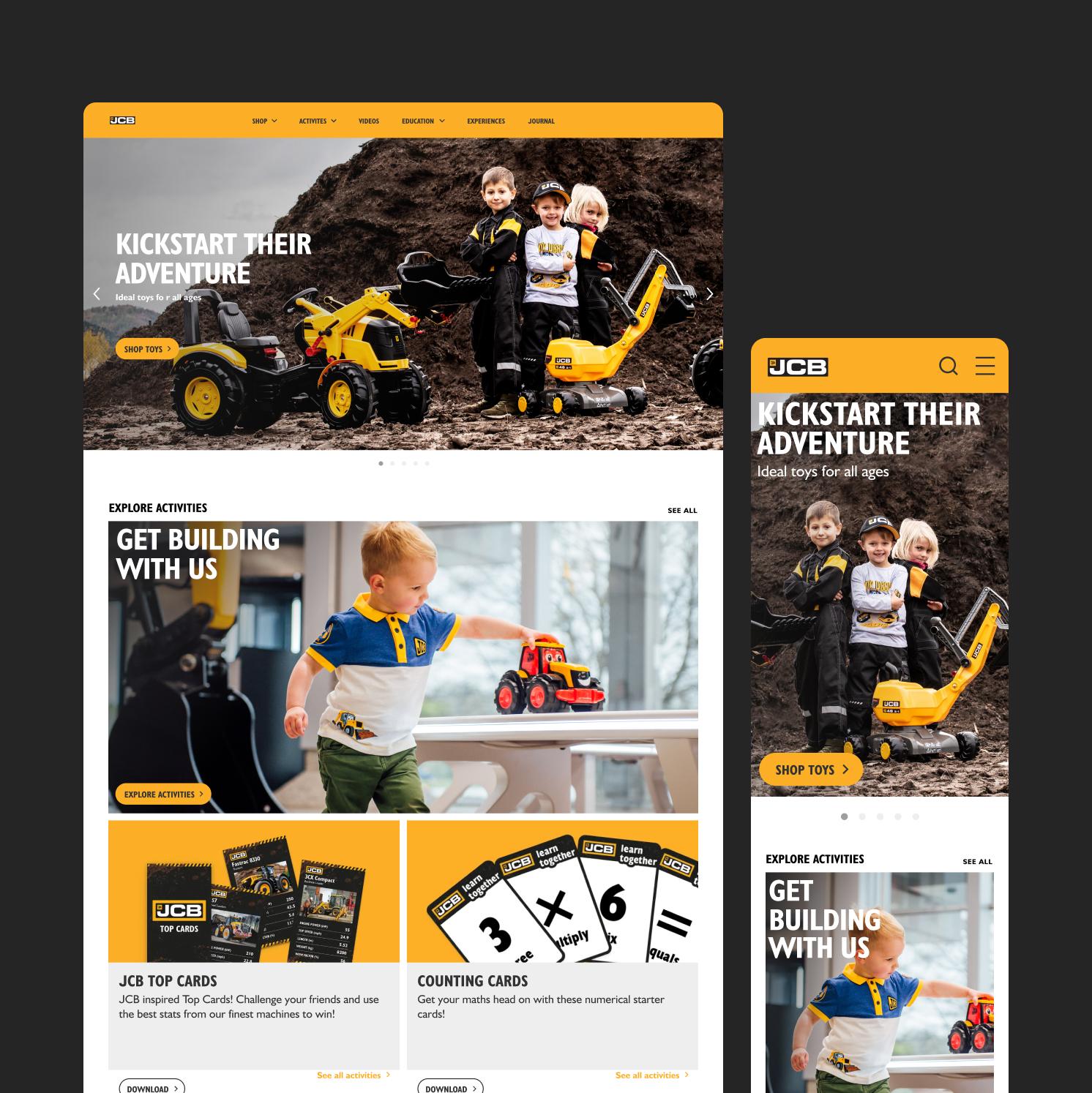 Website and mobile layout for a childrens toy brand, featuring young boys playing with yellow construction toys outdoors, with sections for activities, toy cards, and counting cards.