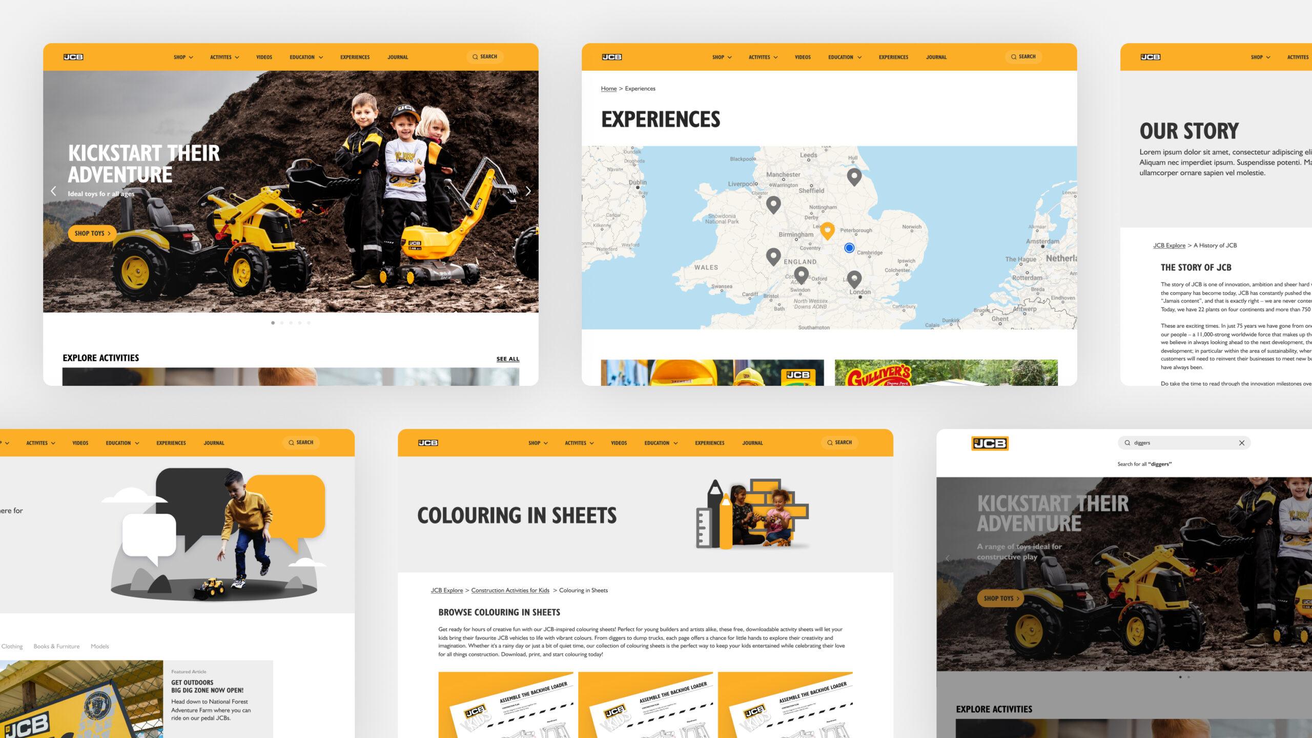 A collage of website pages featuring children with toy construction vehicles, a UK map, activity sheets, and JCB branding, highlighting adventure experiences, printable coloring sheets, and the companys story.
