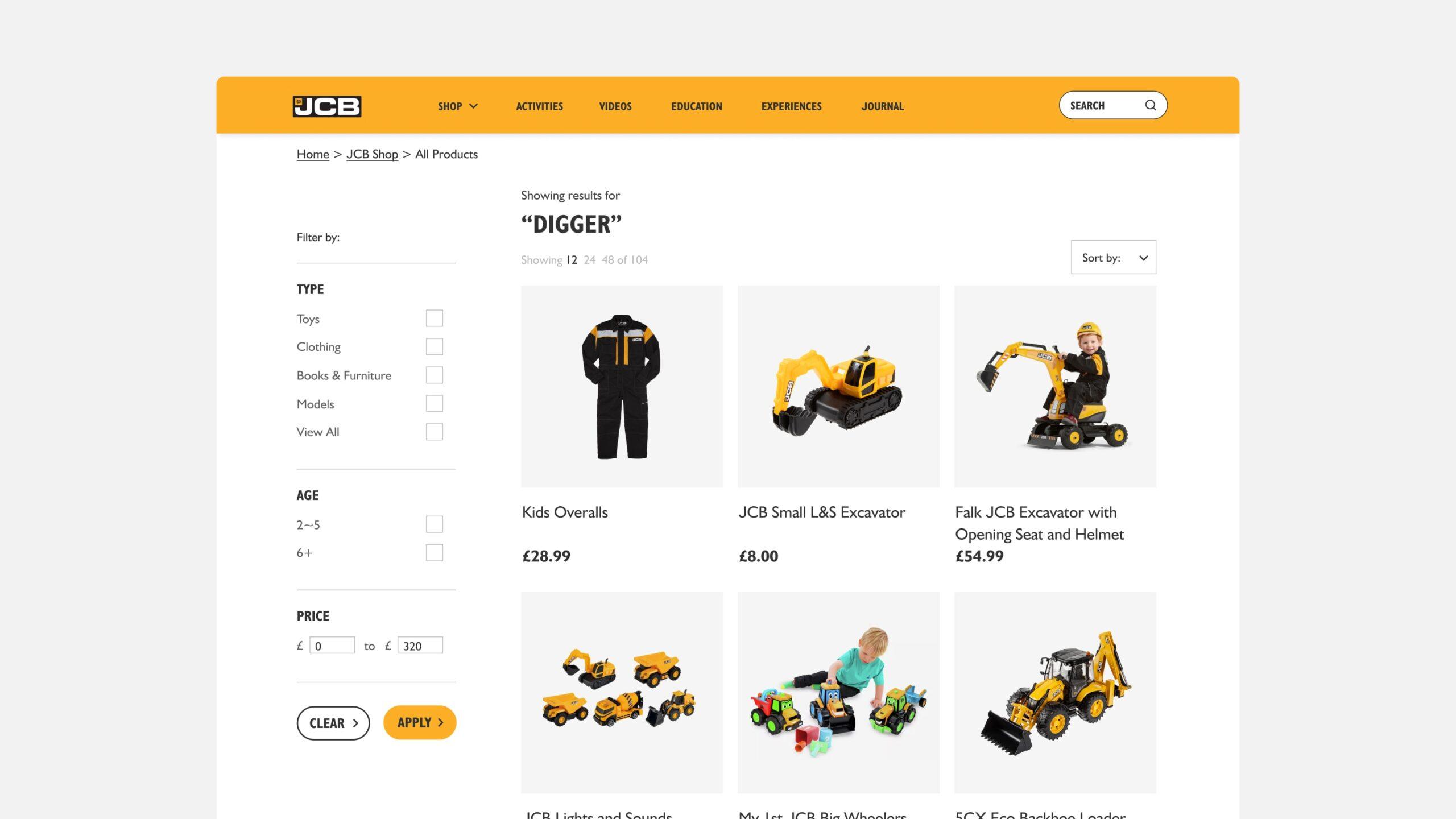 Screenshot of an online store showing search results for digger, including toy diggers, a child’s overall, and a ride-on digger, all branded JCB. Filters and sorting options appear on the left side.