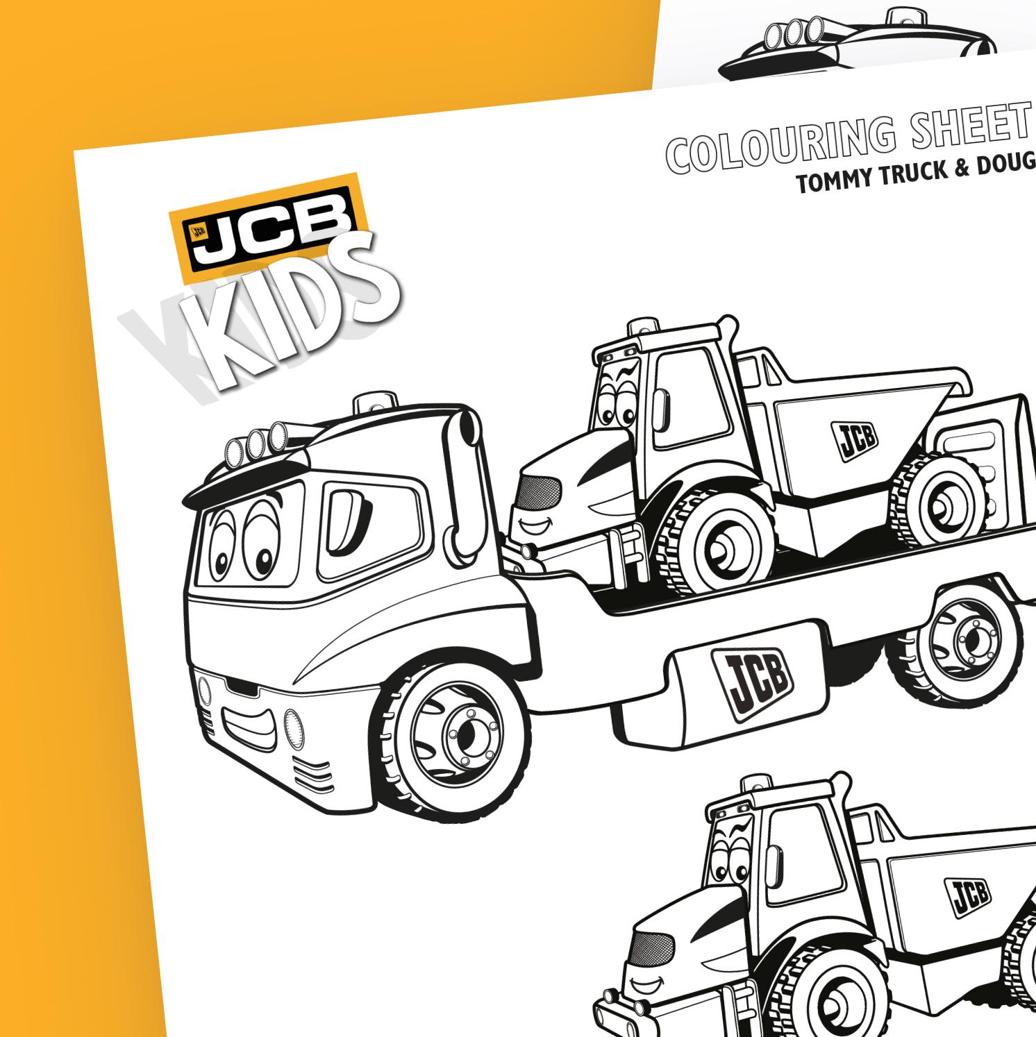 A black-and-white JCB Kids coloring sheet shows a cartoon truck carrying a dumper truck, both with smiling faces, on a white background with a yellow corner. The sheet has JCB branding and COLOURING SHEET text at the top.