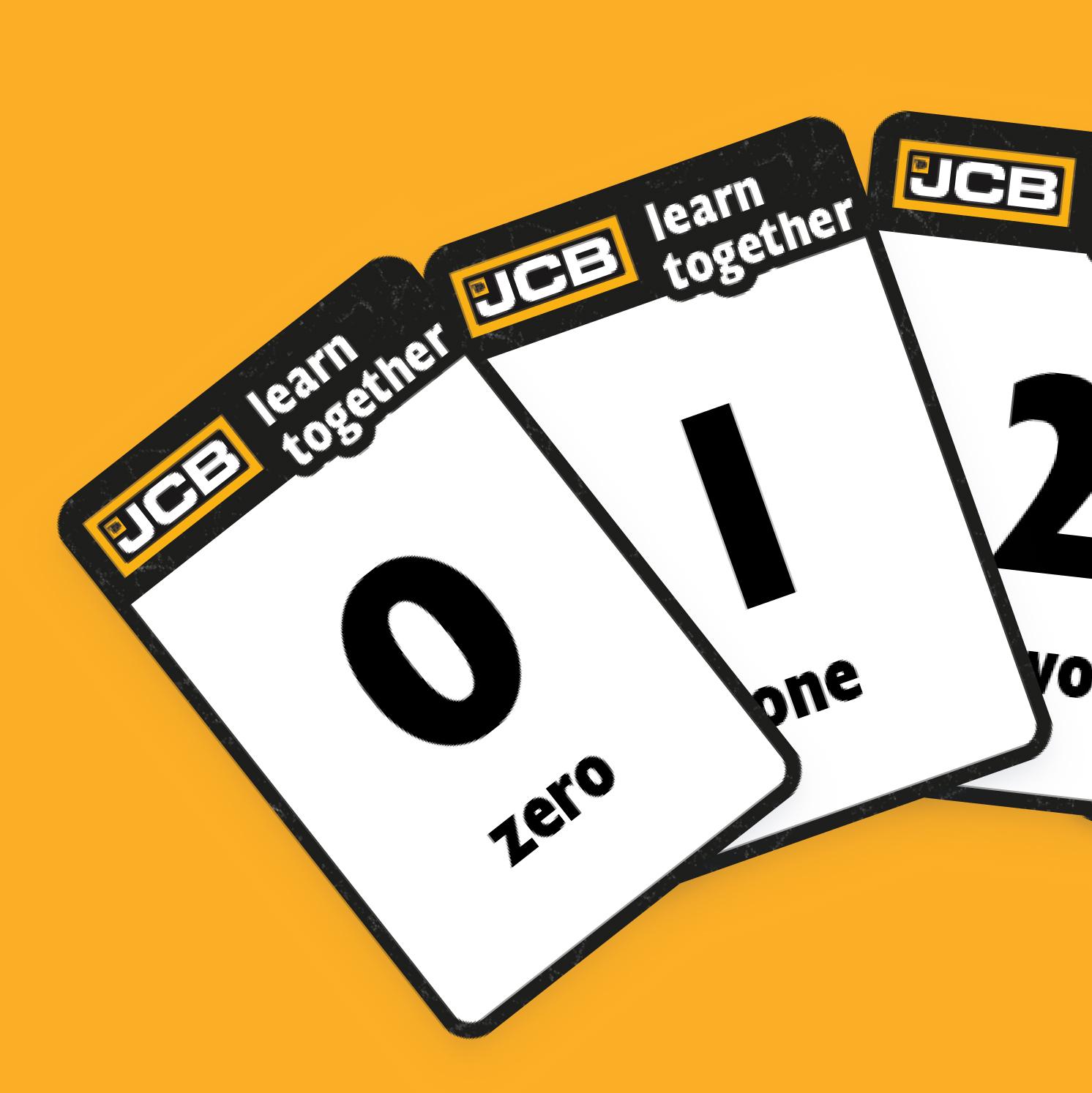 Three JCB learn together cards on an orange background display the numbers 0 (zero), 1 (one), and 2 (two) in large black font with corresponding words below each number.