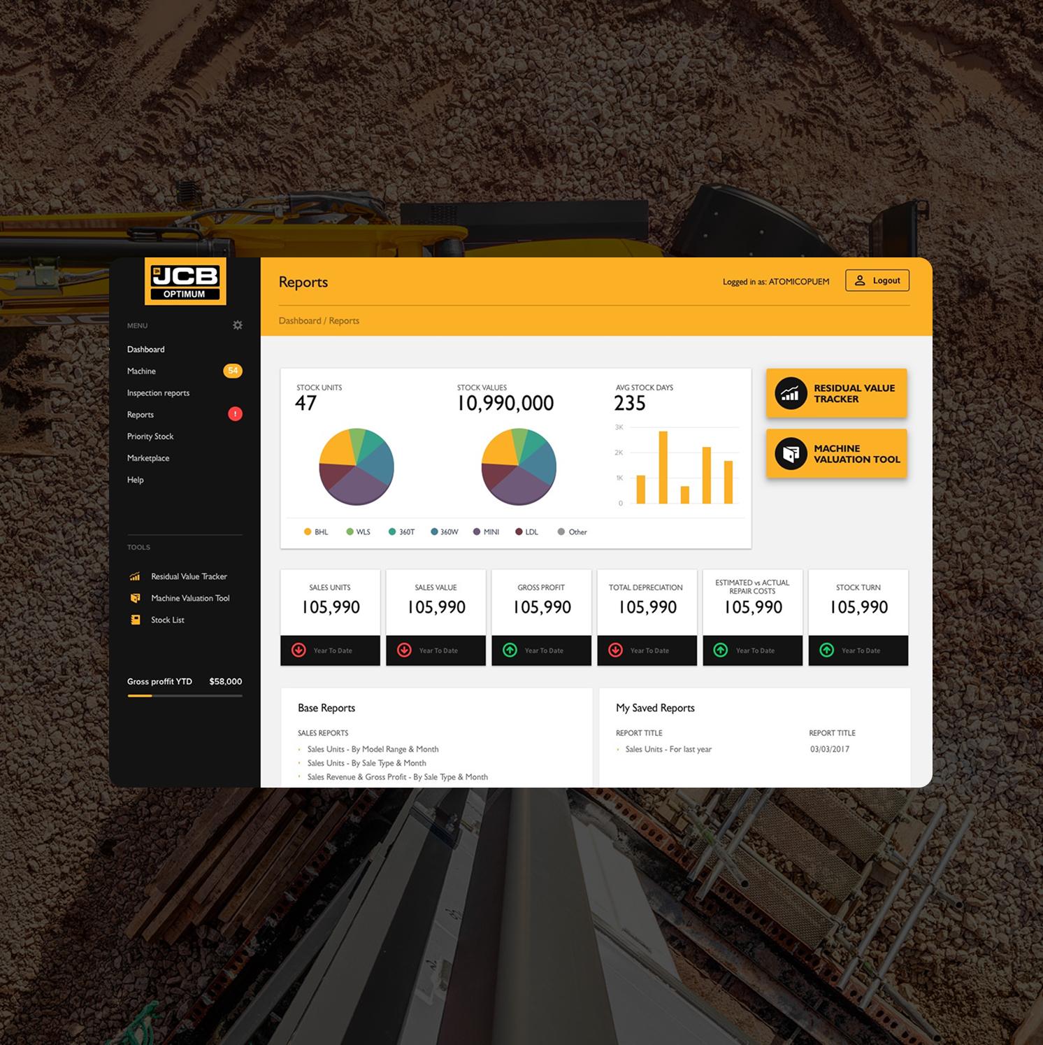 A dashboard for JCB Offsite shows equipment reports with totals, stock value, utilization, depreciation, auction details, charts, and navigation menu on a black sidebar, overlaid on an aerial view of construction equipment.