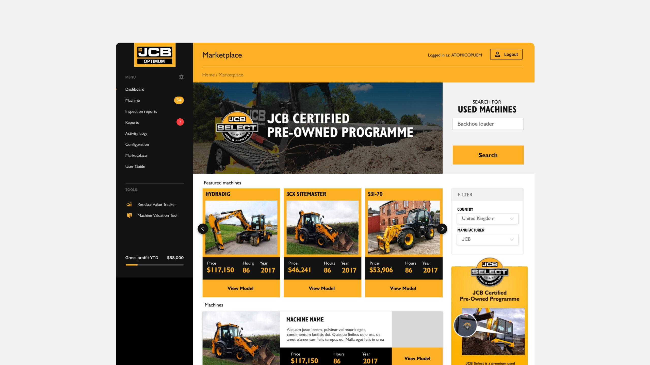 A website page for JCB Certified Pre-Owned Programme displays used construction machines for sale, with photos, prices, years, and search filters on the right. A yellow and black color scheme is used throughout.