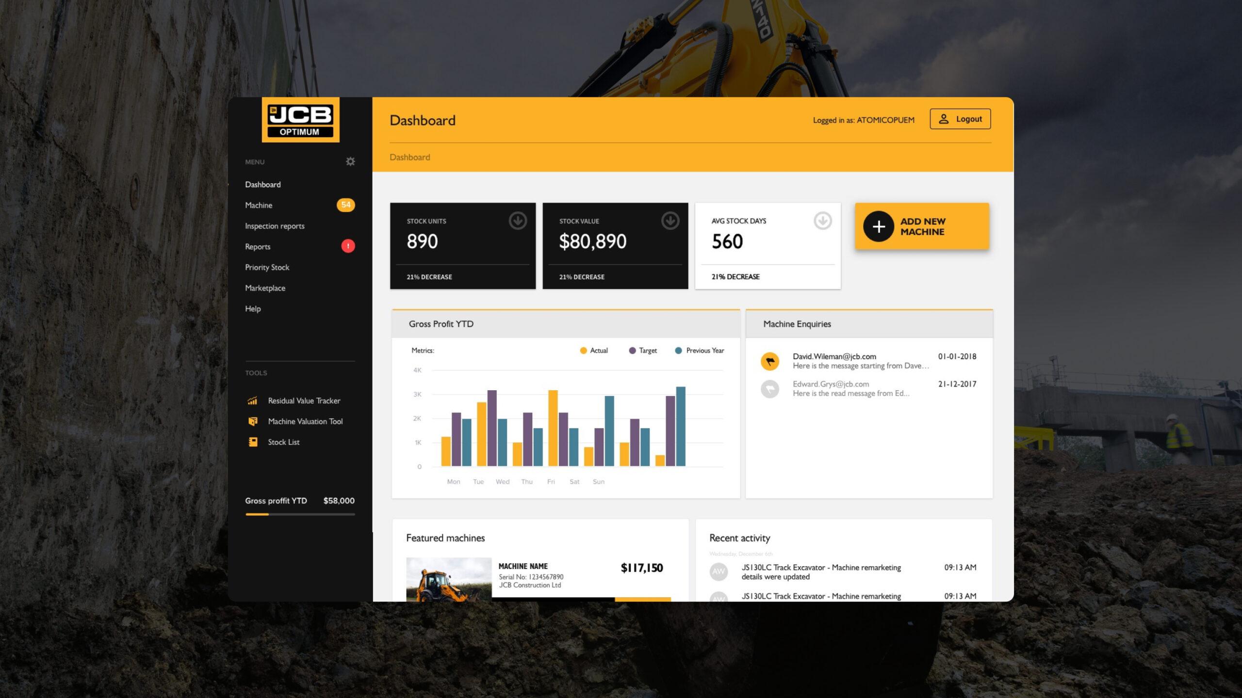 A dashboard interface for JCB Optimax displays machine statistics, bar graphs, activity logs, and quick access menus against a construction site background with a yellow excavator.