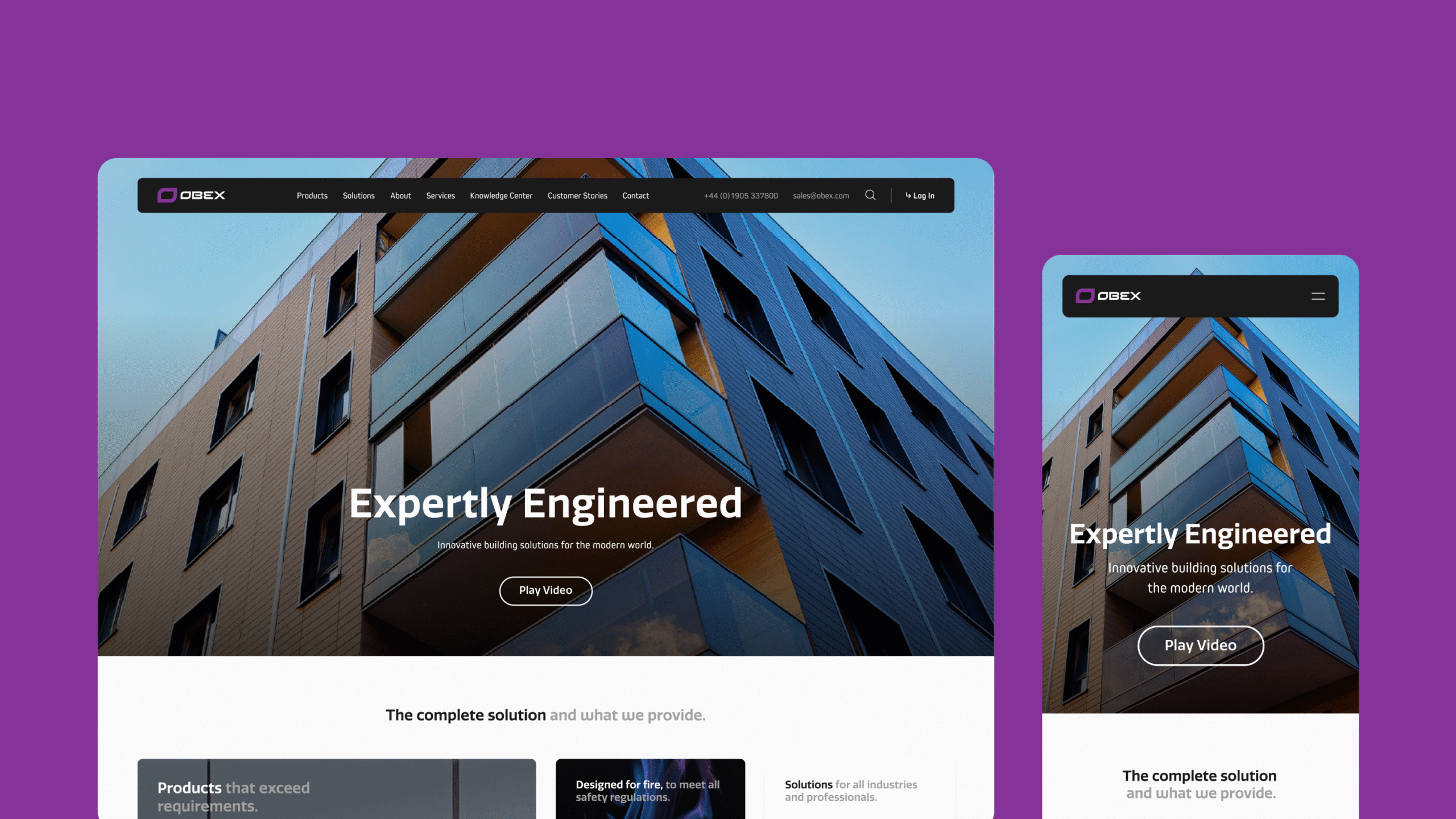 Screenshot of a modern website displayed on desktop and mobile screens, featuring a geometric building facade and the headline Expertly Engineered overlaid, with navigation menus visible at the top of both versions.