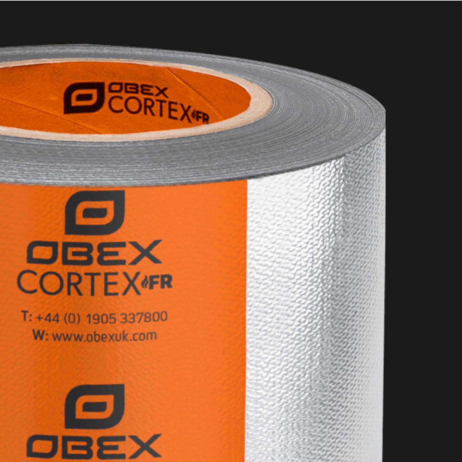 A close-up of a metallic, reflective roll of tape labeled OBEX CORBEX FR. The orange label includes a logo and contact details, set against a black background.