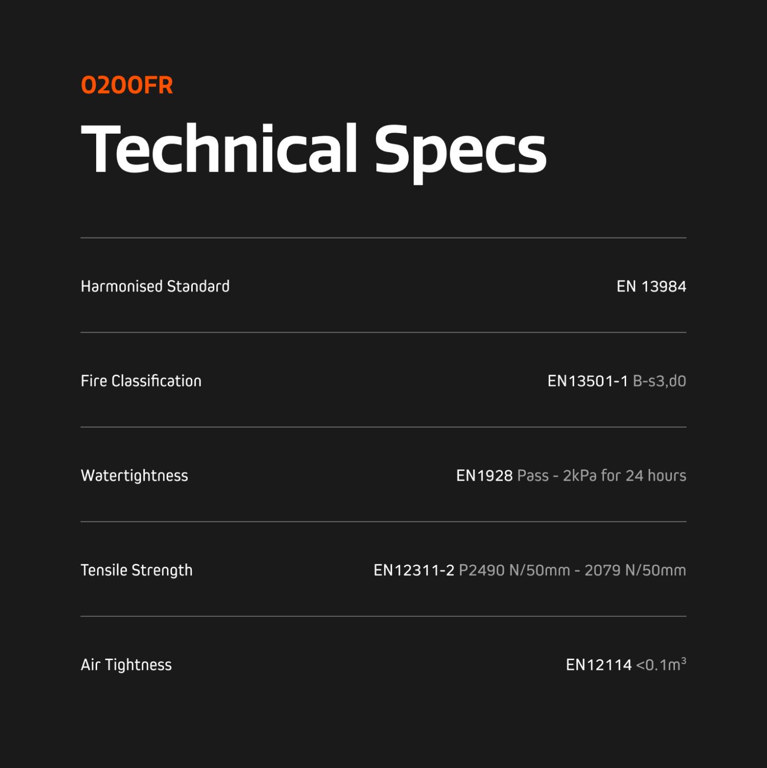 A technical specs sheet for O200FR showing standards for harmonised standard (EN 13984), fire classification (EN13501-1 B-s3,d0), watertightness (EN1928 Pass), tensile strength (EN12311-2), and air tightness (EN12114 <0.1m³).