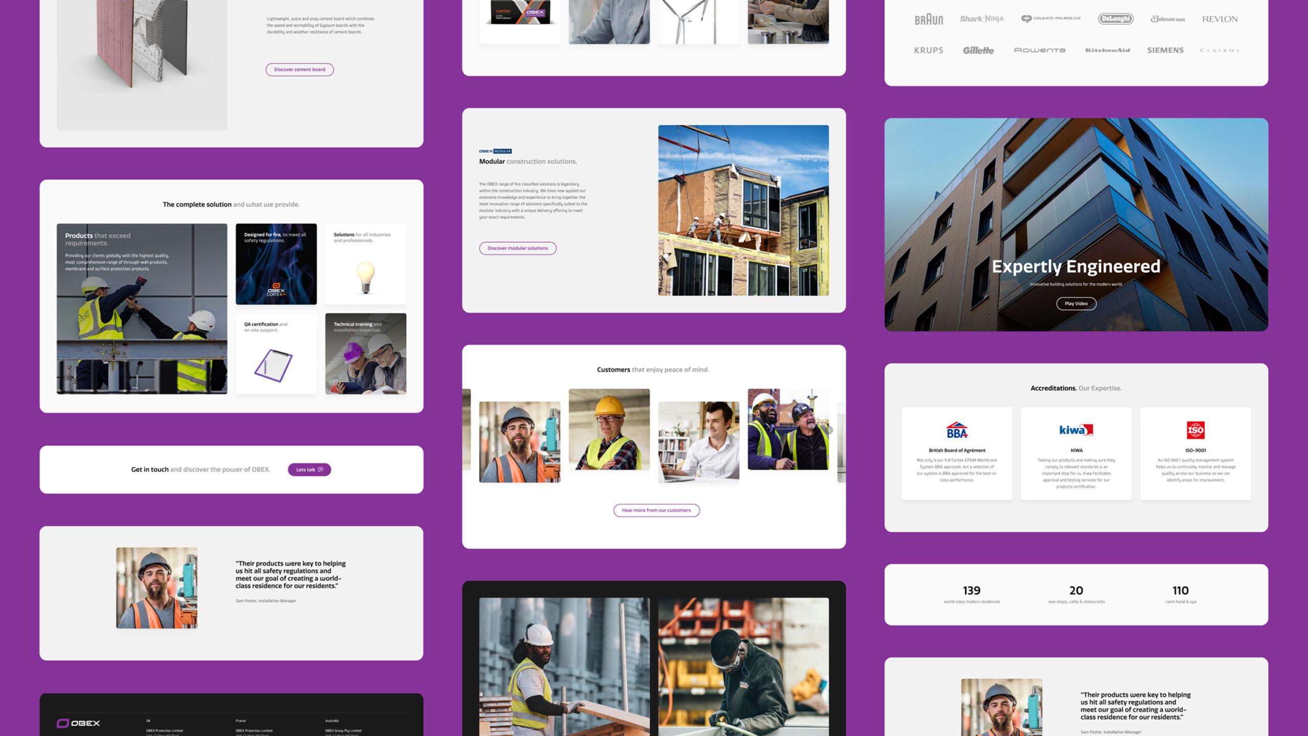 A collage of website design mockups for a construction or engineering company, featuring images of workers, buildings, client logos, and text sections on white backgrounds with purple borders.