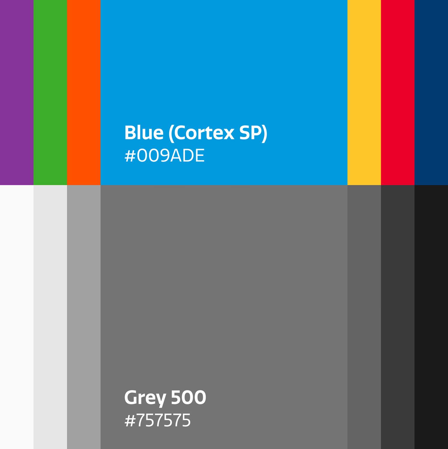 A color palette with vertical stripes in purple, orange, green, blue, yellow, red, and navy, above large blocks of white, grey, and black. The blue block reads Blue (Cortex SP) #009ADE. The grey reads Grey 500 #757575.