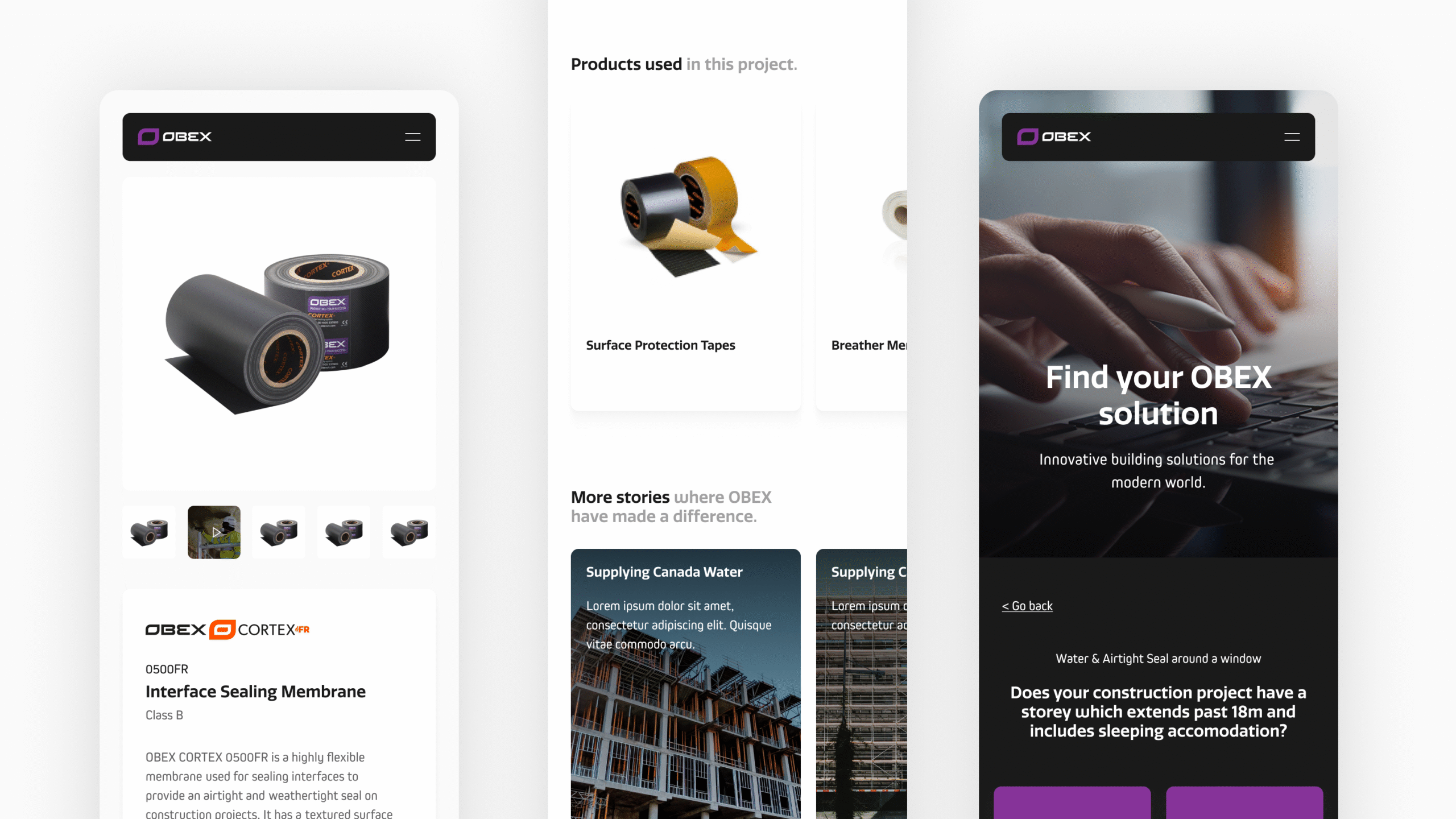 Three mobile screens show a website for OBEX. The screens display product images, details about interface sealing membranes and surface protection tapes, and a homepage with a hand typing on a laptop.