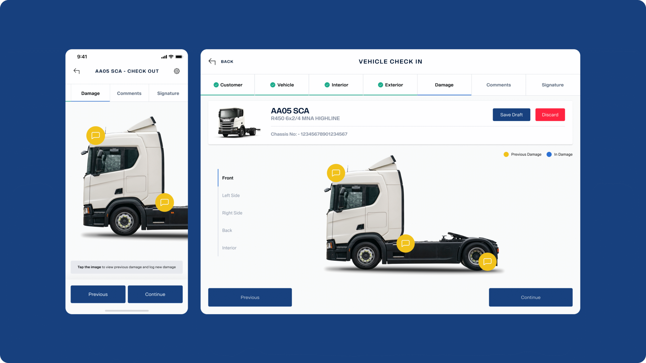 Mobile and desktop screens displaying a vehicle check-in app interface, showing a side view of a white truck with yellow markers indicating areas to report damage. Navigation buttons and information tabs are visible.