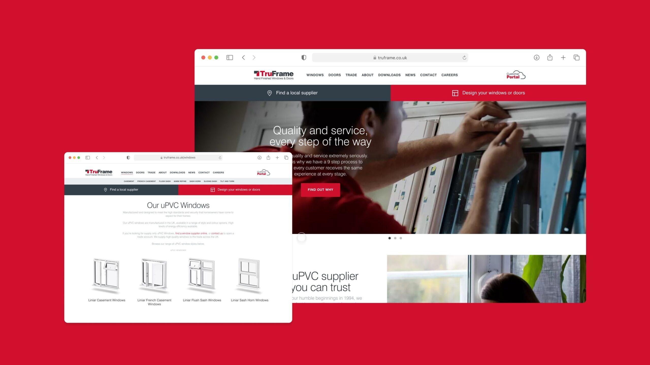 Two overlapping website screenshots for TruFrame, a uPVC supplier. One shows a homepage with a person installing a window; the other shows product options for uPVC windows. Both have a red and white theme.