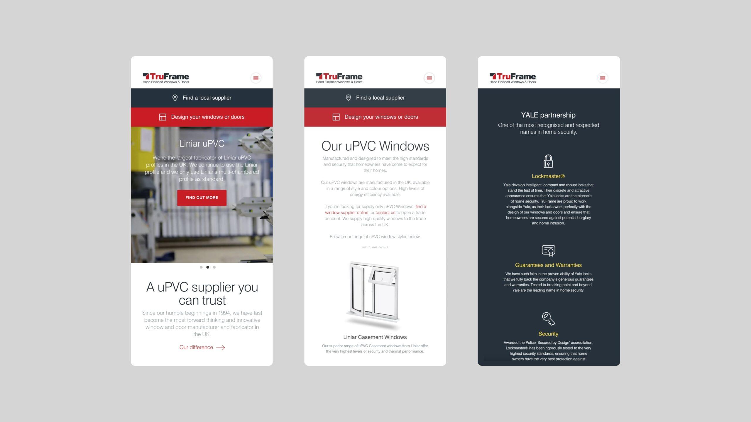 Three mobile phone screens display a website for TruFrame, a uPVC supplier. The screens show sections about their products, company reliability, and partnership values, with text, icons, and images of window frames.