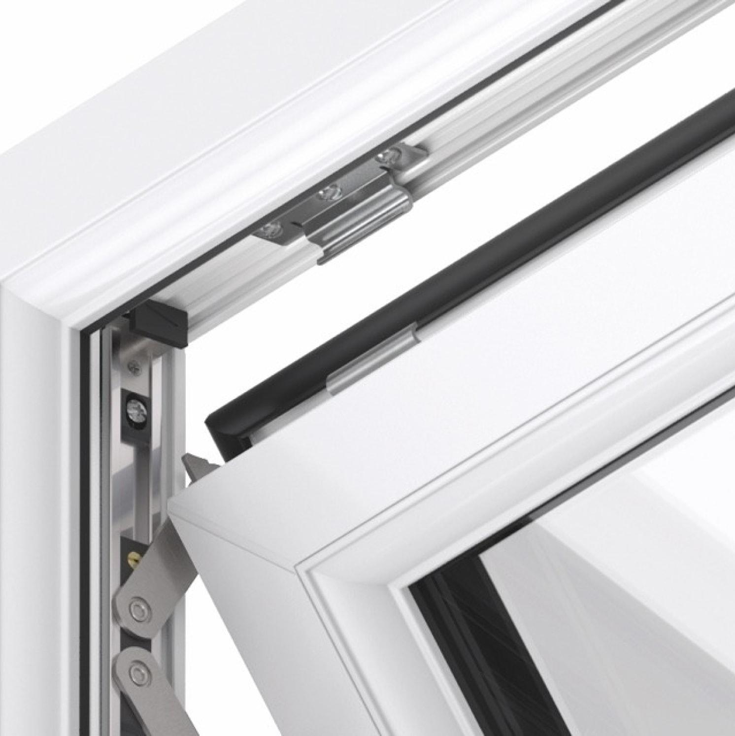 Close-up of a white window frame with a hinge mechanism, showing the window partially open at an angle. The frame features metal hardware and a black weather seal lining.