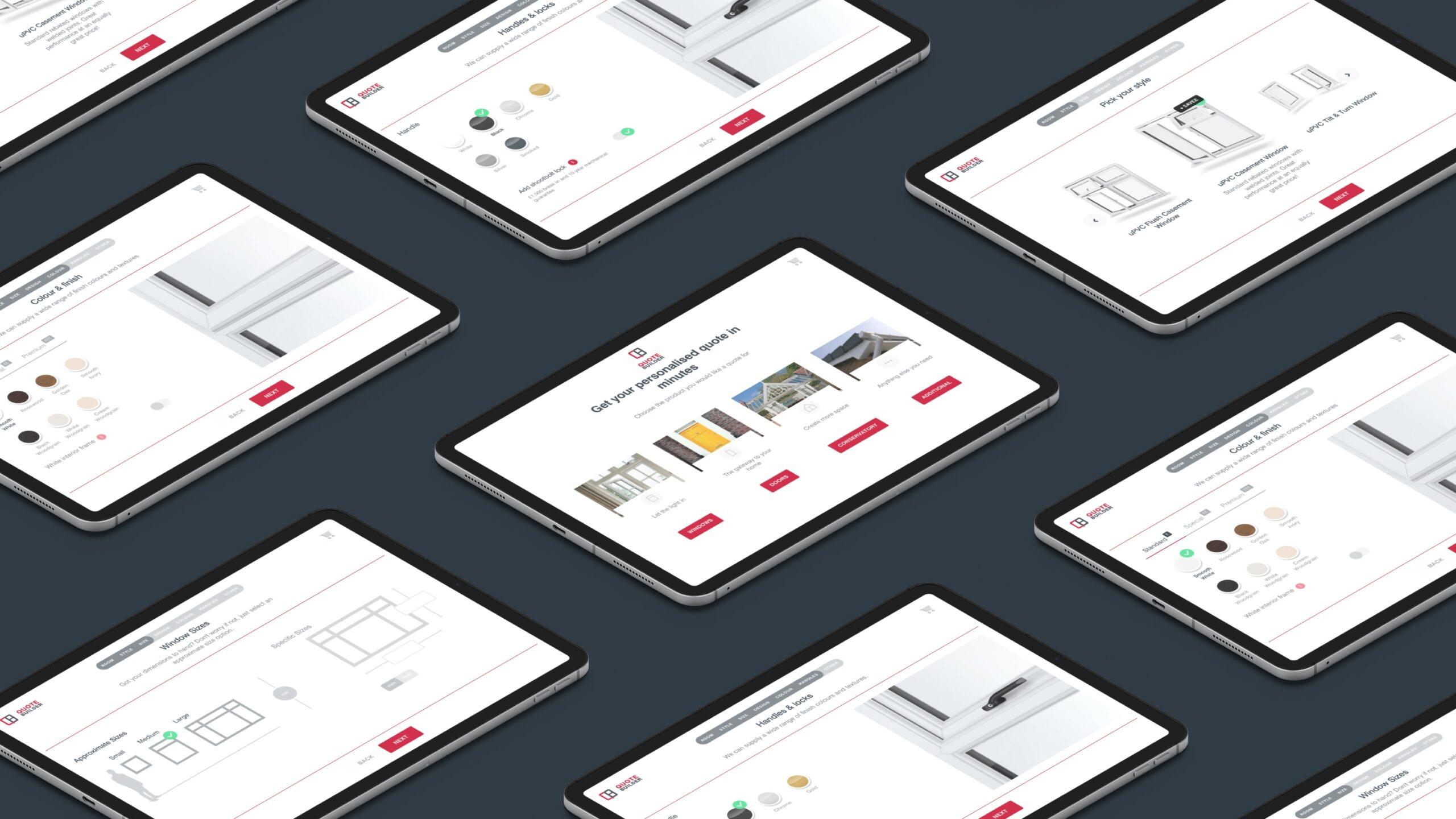Multiple tablet screens display a website interface with options for customizing home interior features such as cabinets, finishes, and layouts, all arranged diagonally on a dark gray background.