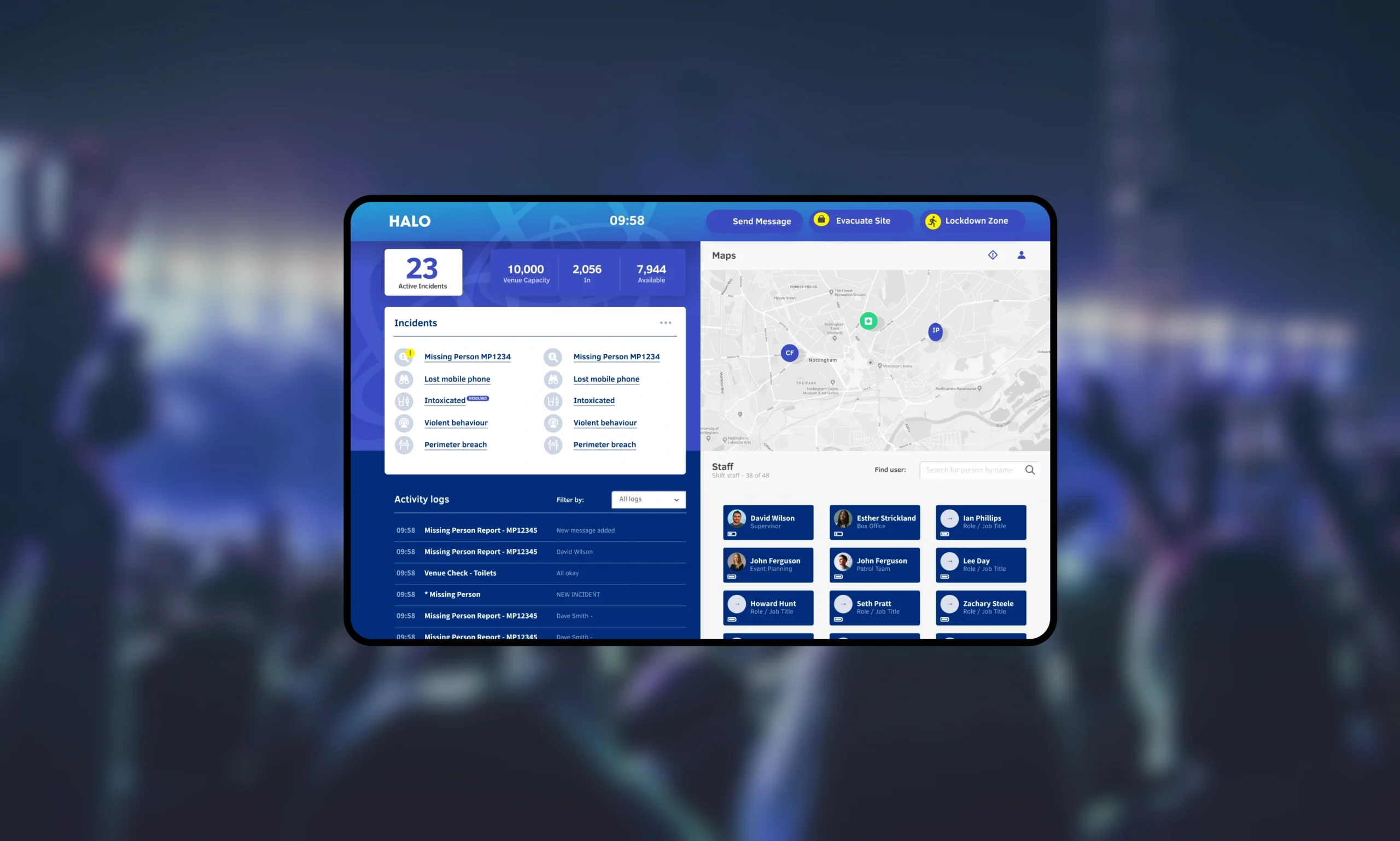 A digital dashboard displays incident and activity logs, a map with markers, staff details, and statistics such as messages sent and subscribers, with a blue-themed user interface.