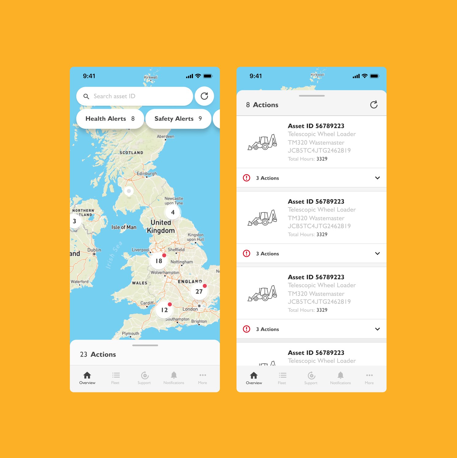 Two smartphone screens show a map of the UK highlighting asset locations (left), and a list of asset alerts with details such as asset ID, name, and location (right). Both screens have search and navigation options.