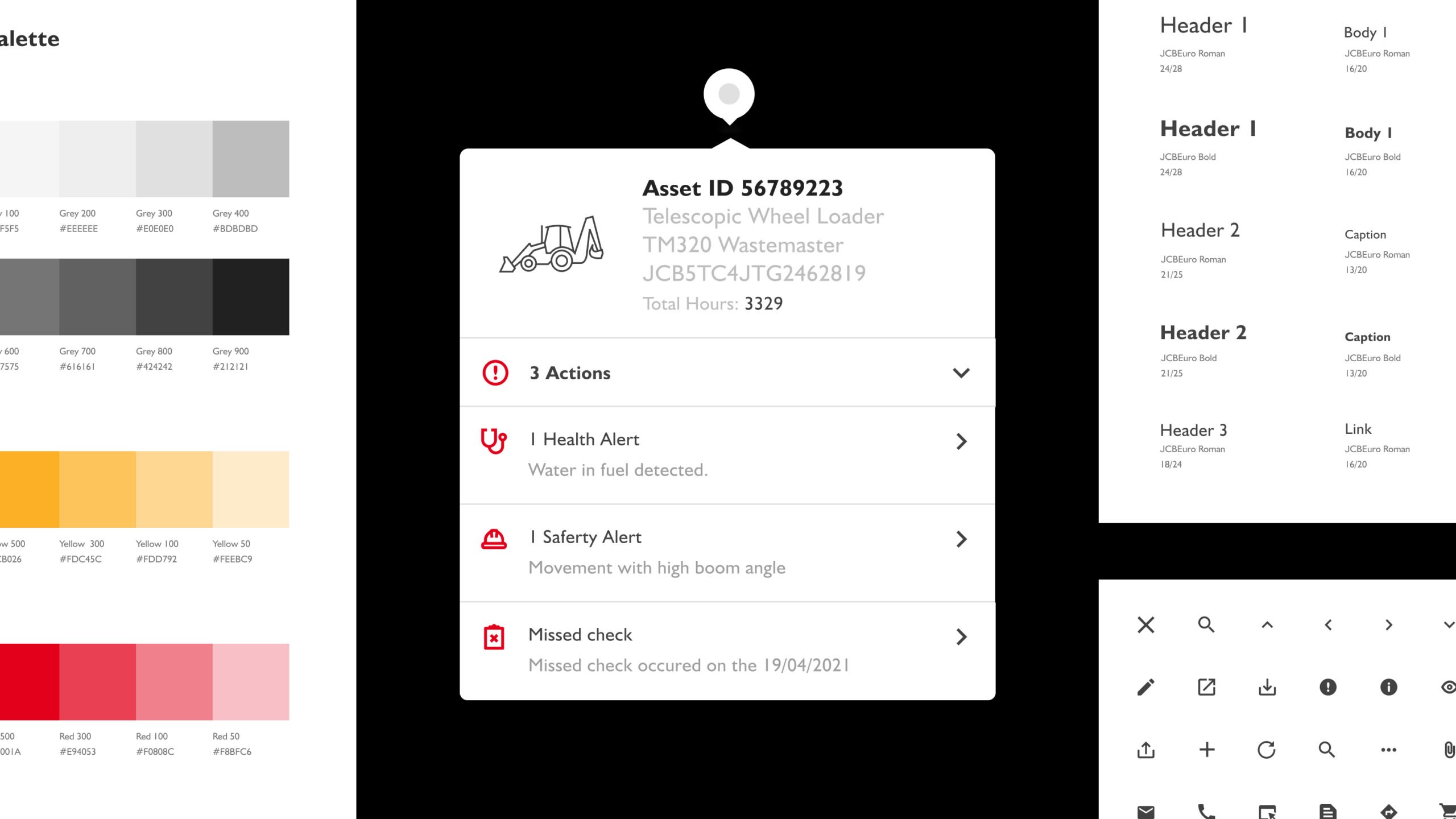 A digital dashboard shows details for a telescopic wheel loader, including asset ID, serial number, and total hours. Alerts for health, safety, and a missed check are listed below the asset information.