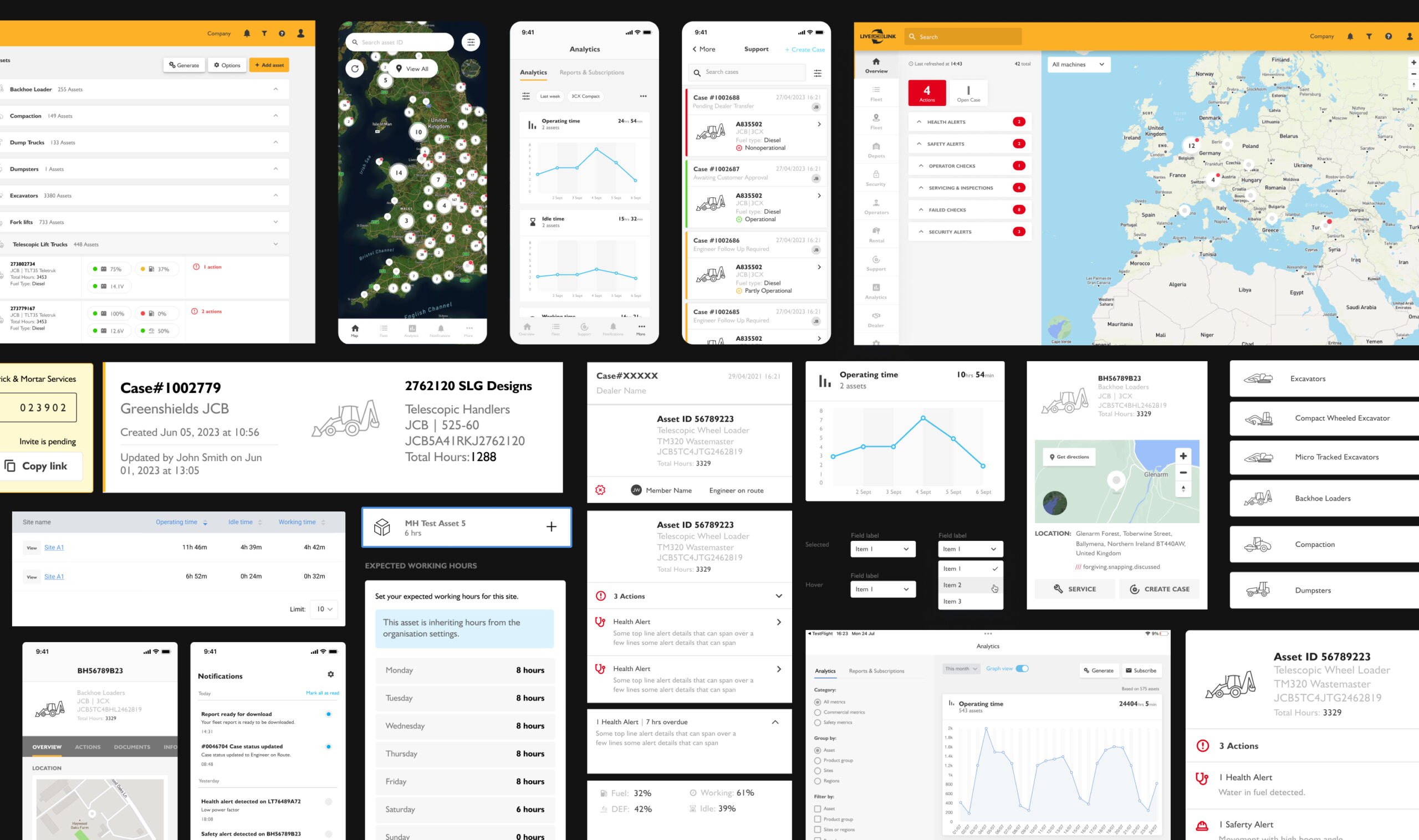 A collage of various mobile and web app screenshots displaying maps, charts, asset tracking, case details, forms, and location data interfaces, organised in a grid pattern on a black background.